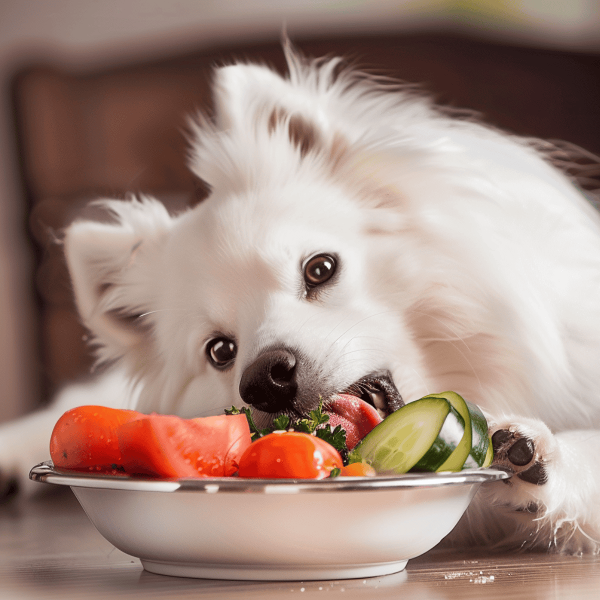 Dog enjoying fresh vegetables, healthy pet meal, natural ingredients, for optimal pet nutrition.