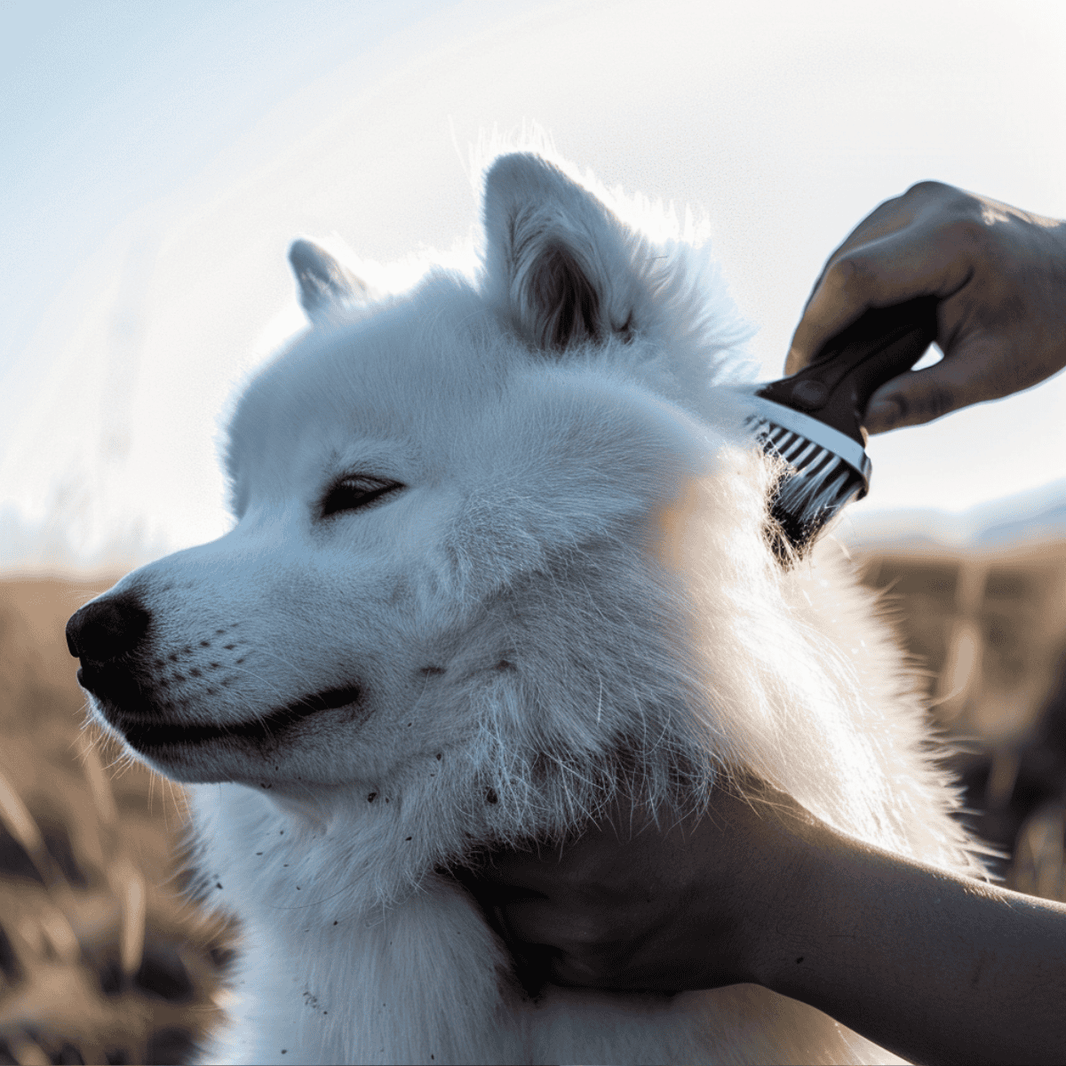 Close-up of Siberian Husky being brushed, peaceful grooming session.