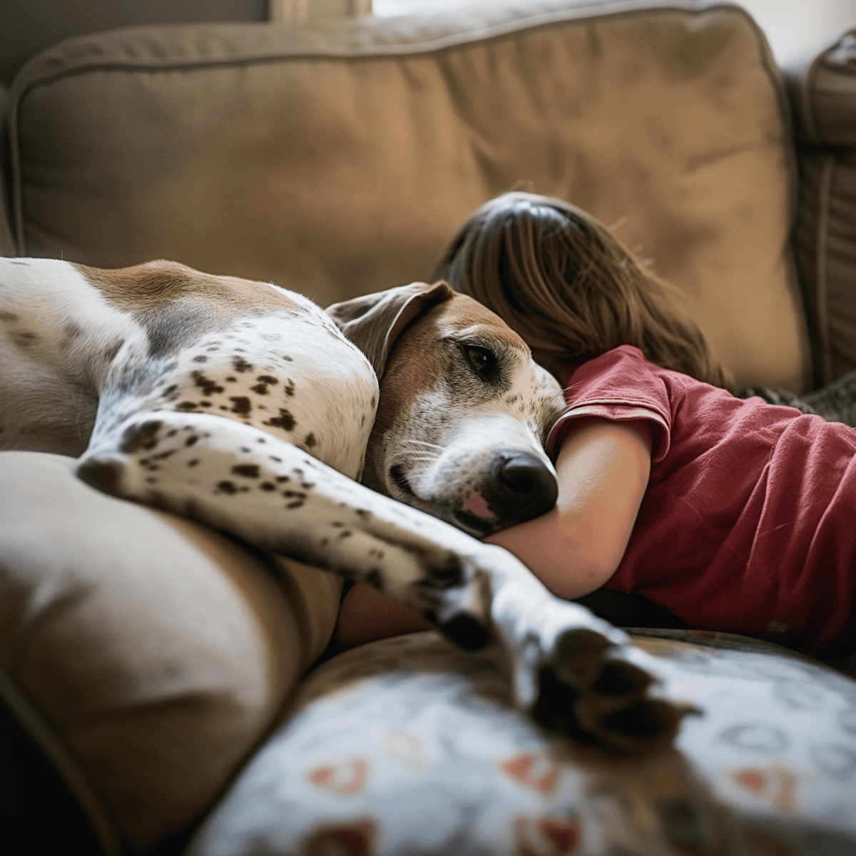 Dog and child cuddling on sofa, showing love and companionship. Perfect for pet care and family pet bonding.