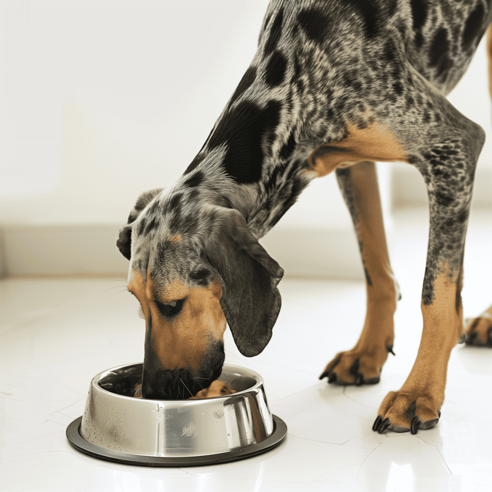 Dachshund dog eating from a stainless steel bowl on the floor.
