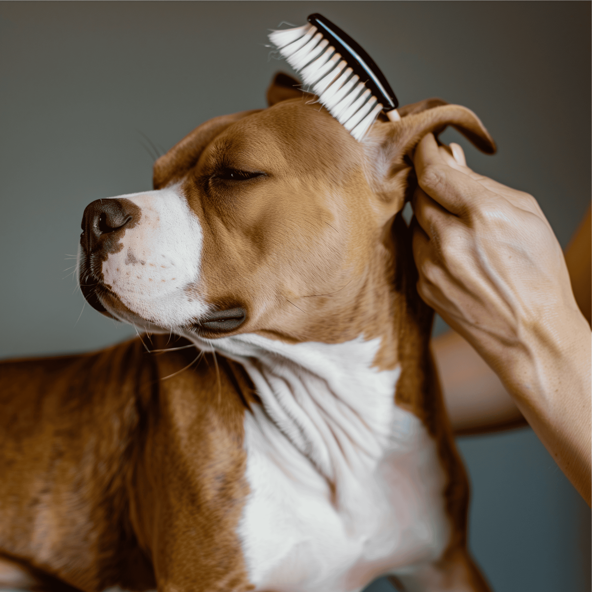 Close-up of a dog receiving grooming, with a person brushing its ears, emphasizing pet care and grooming services for dogs.