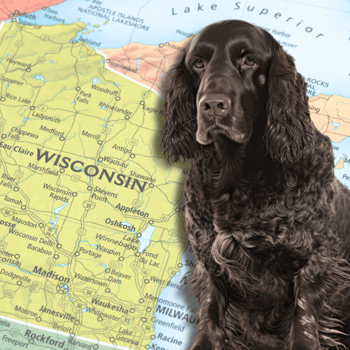 Brown Cocker Spaniel dog in front of a Wisconsin map.