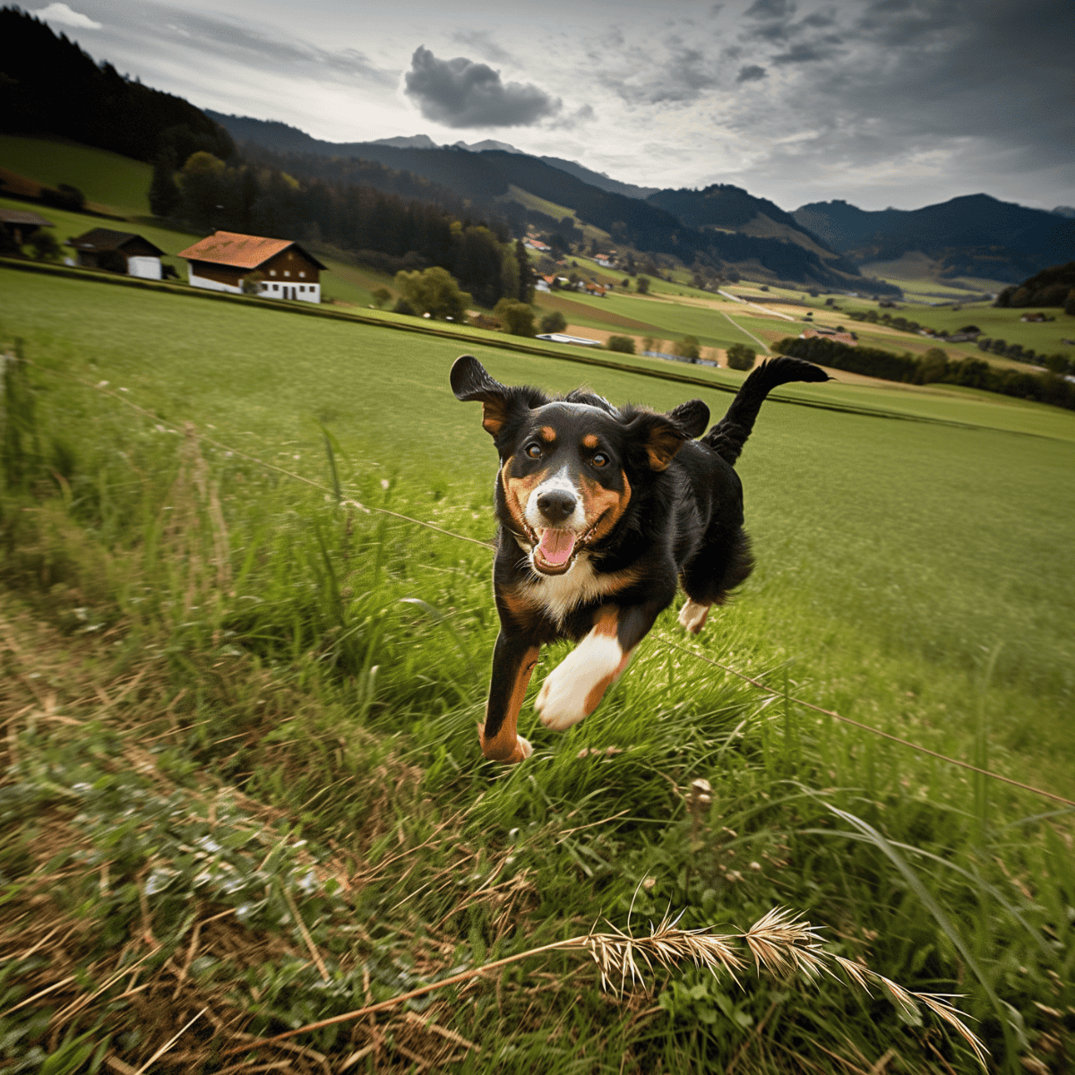 Happy dog playing outdoors in a lush green pasture, enjoying freedom and exercise on a beautiful rural landscape.