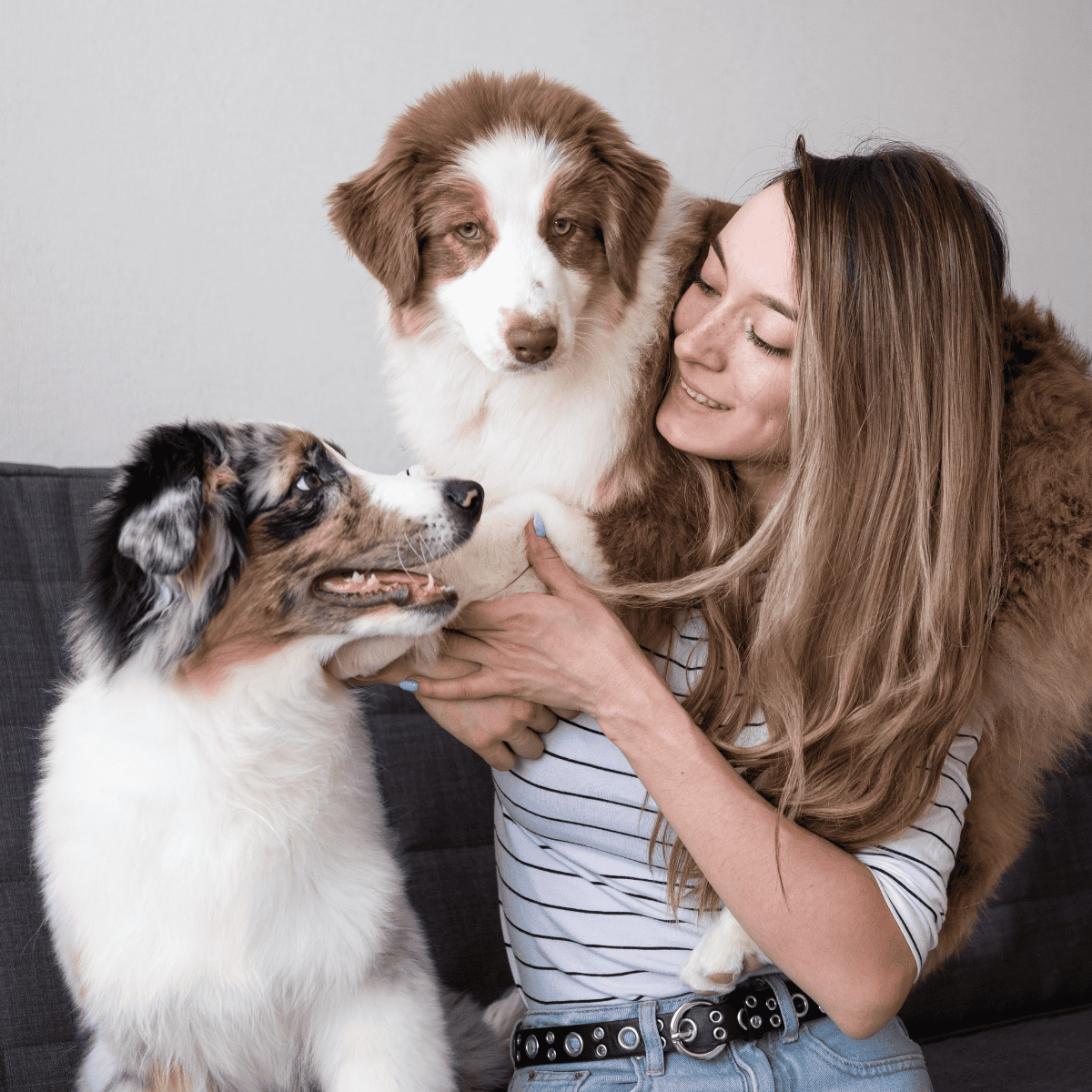 Adorable woman with two Australian Shepherd dogs, showcasing canine companionship and affection.