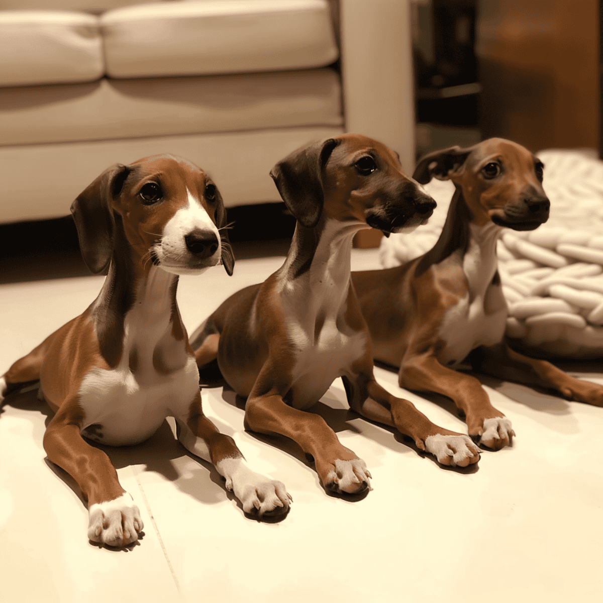 Adorable brown and white whippet puppies sitting on the floor indoors.