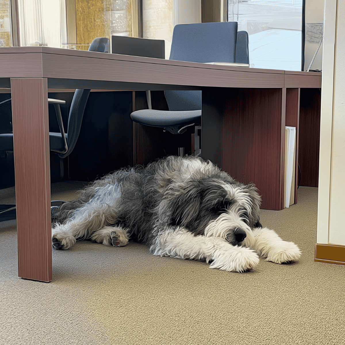 Comfortable office dog resting under a desk.