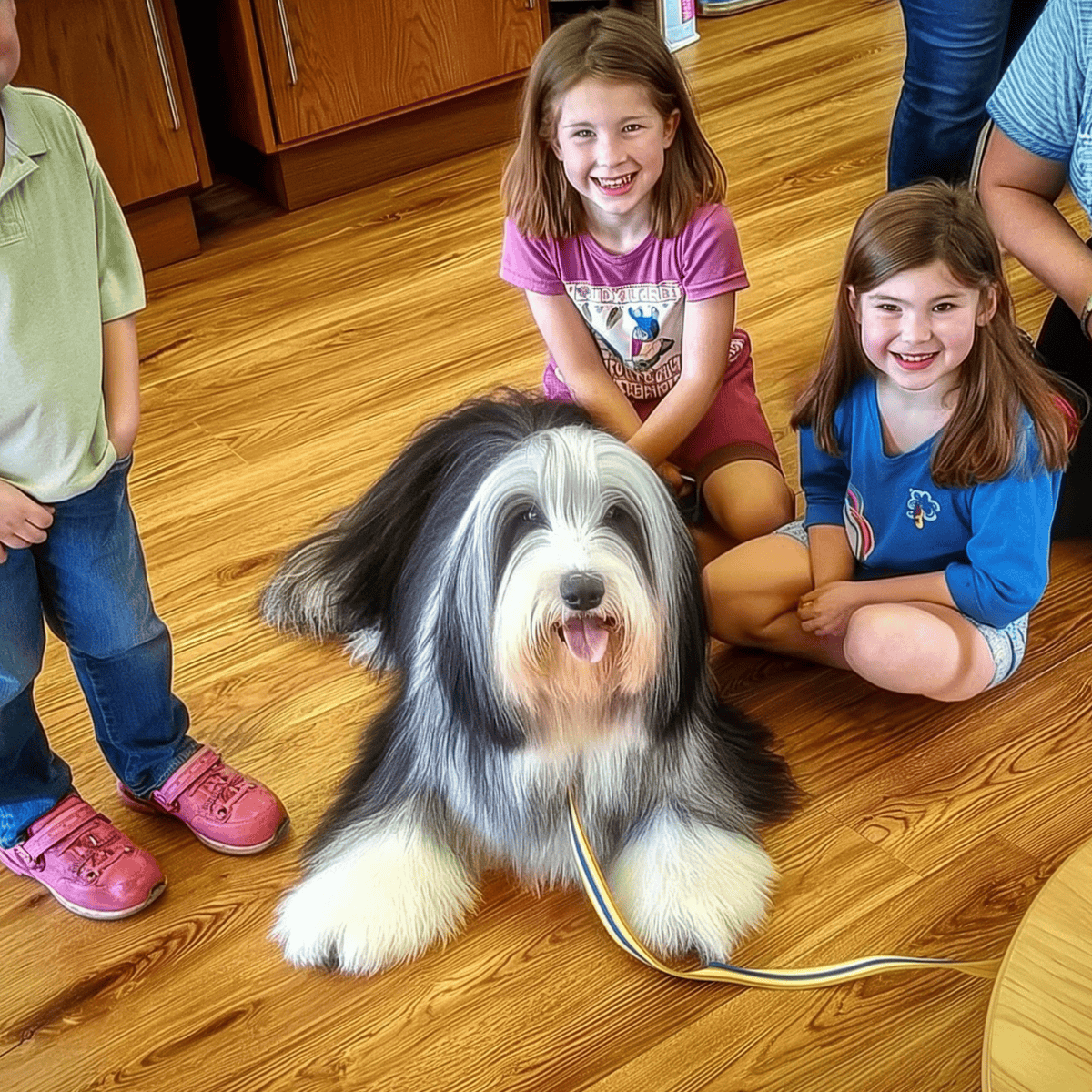 Friendly therapy dog with kids in a warm, inviting environment promoting comfort and care.