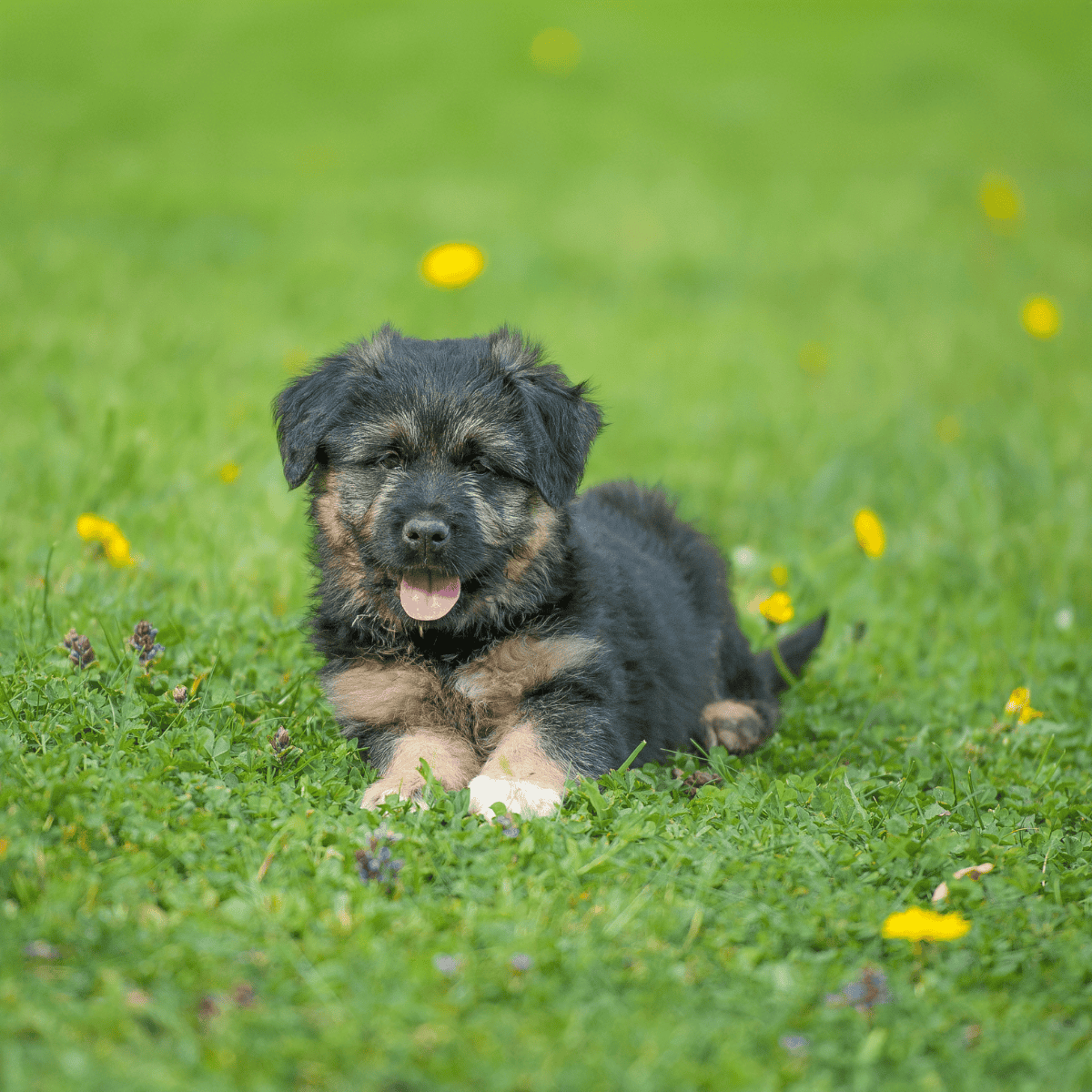 Adorable puppy resting outdoors on lush green grass with yellow flowers.