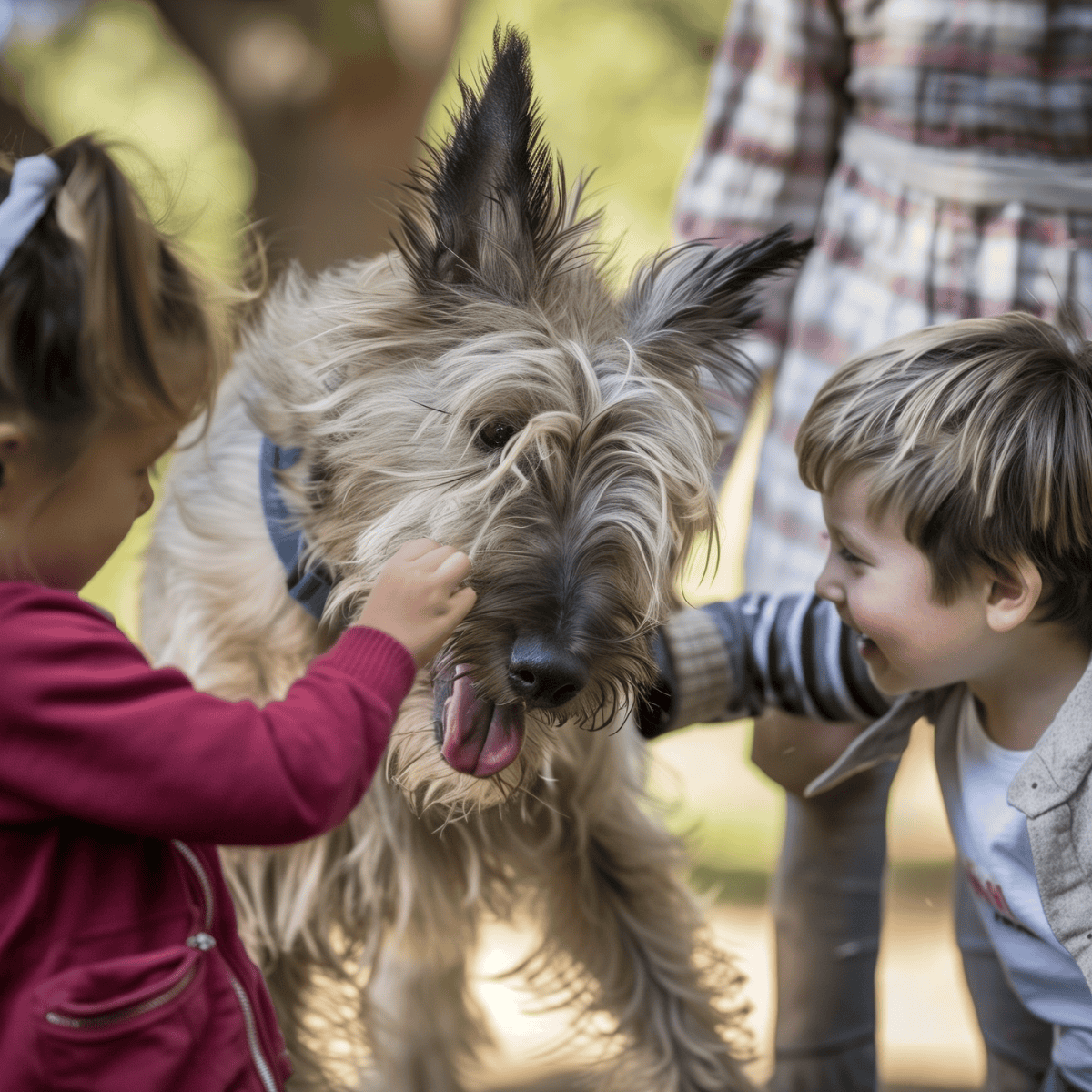 Happy dog being petted by kids in park setting.