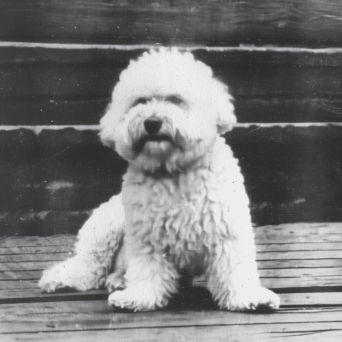 Adorable fluffy sheepdog puppy sitting on wooden deck, black and white photo, perfect for dog lovers.
