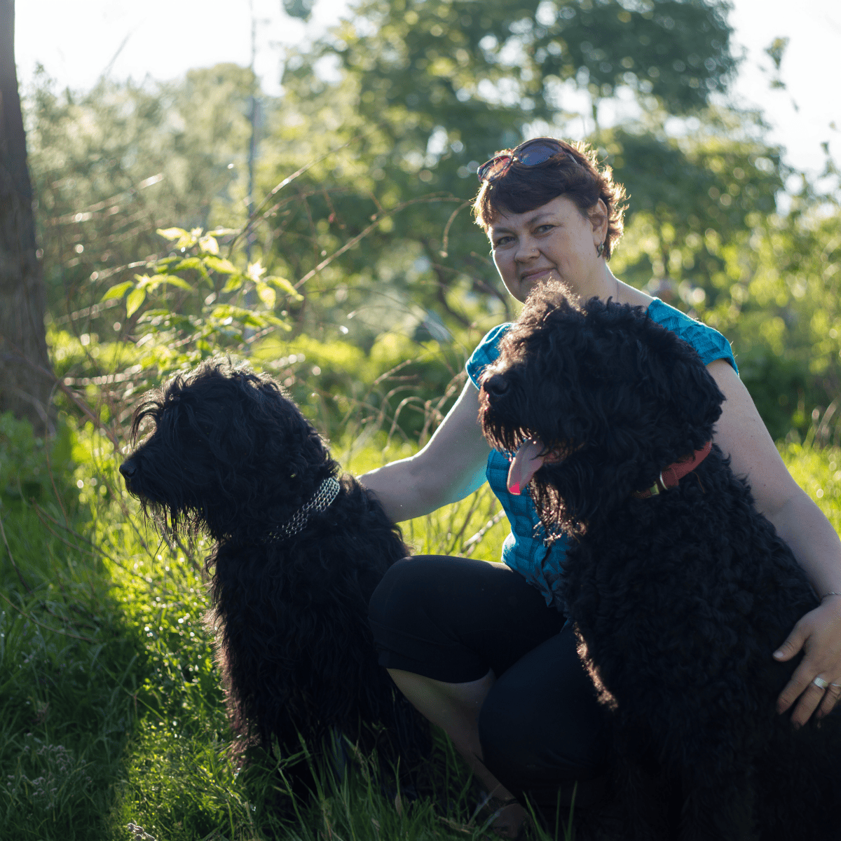 Friendly woman playing with her two large black dogs in a green outdoor setting.