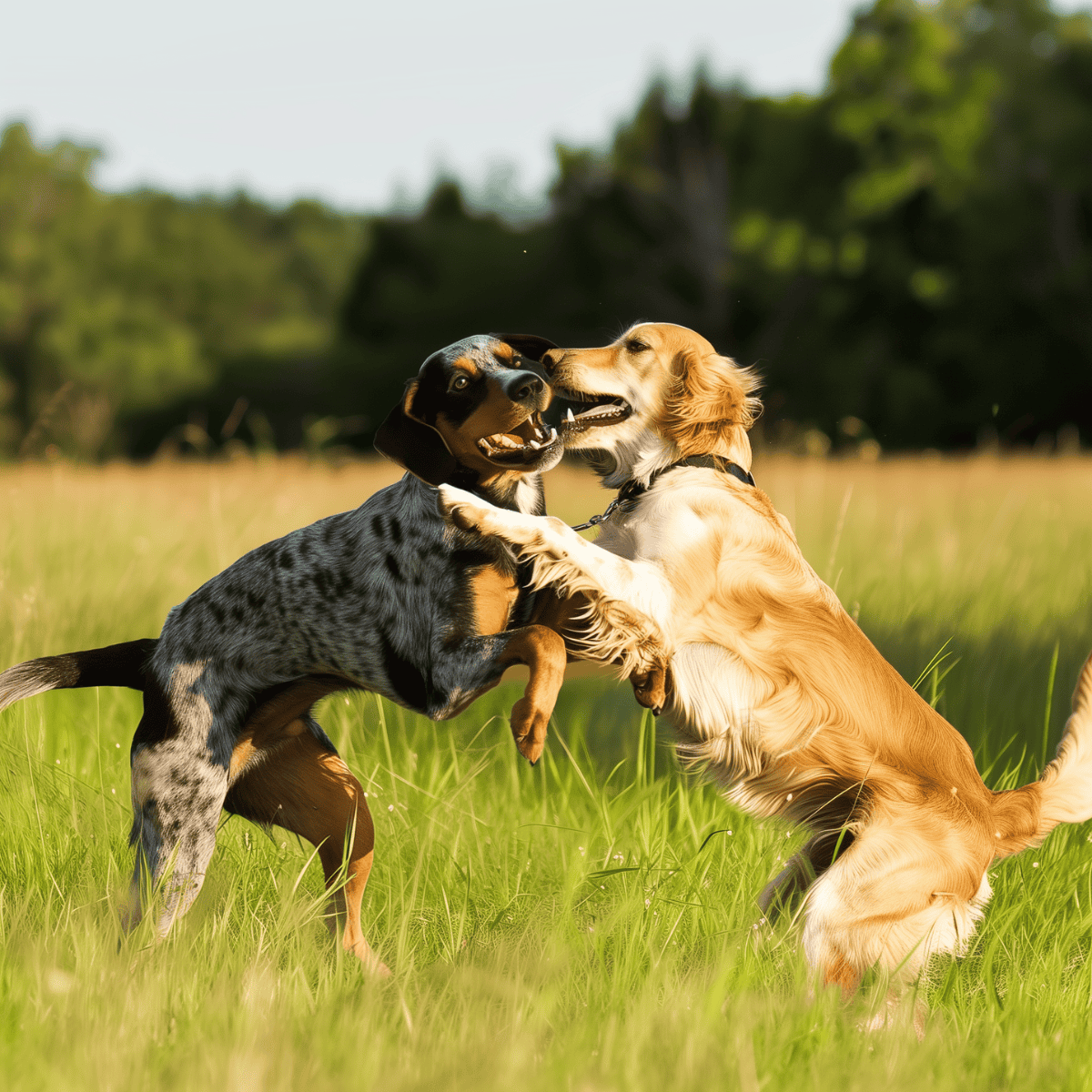 Adorable dogs playing together in a sunny outdoor setting, showcasing canine friendship and exercise.