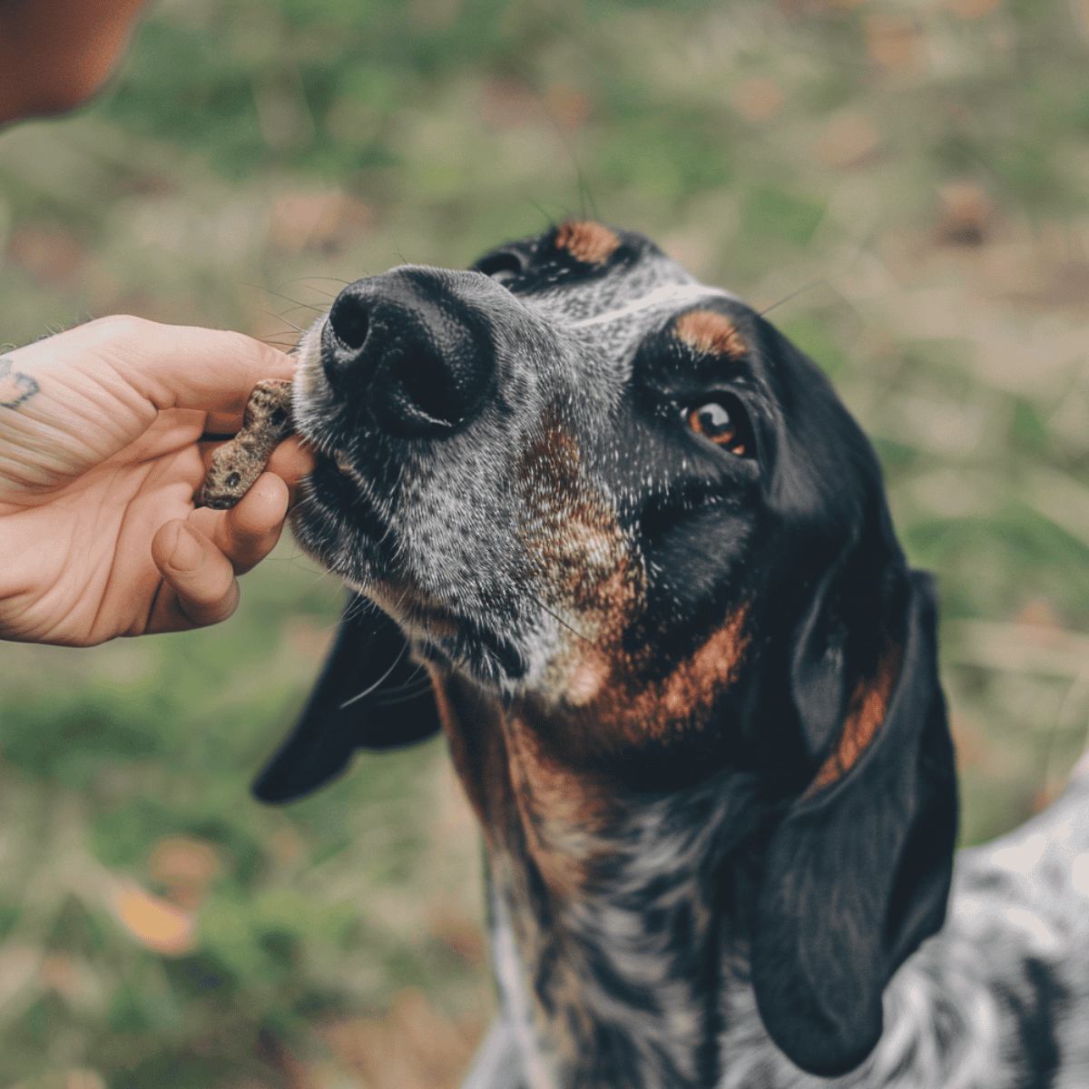 Close-up of a dog getting trained with a leash, exhibiting good behavior.