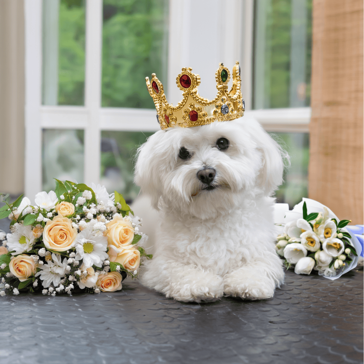 Adorable dog wearing a royal crown surrounded by flowers for a charming pet photo.