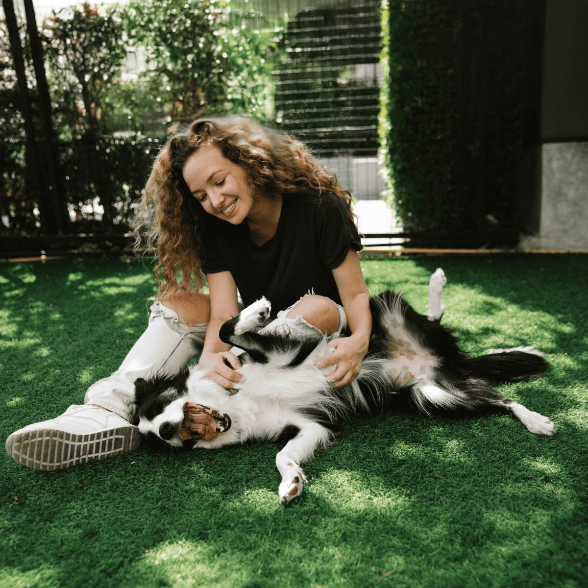 Happy woman cuddling her playful border collie dog outdoors in a lush garden setting.