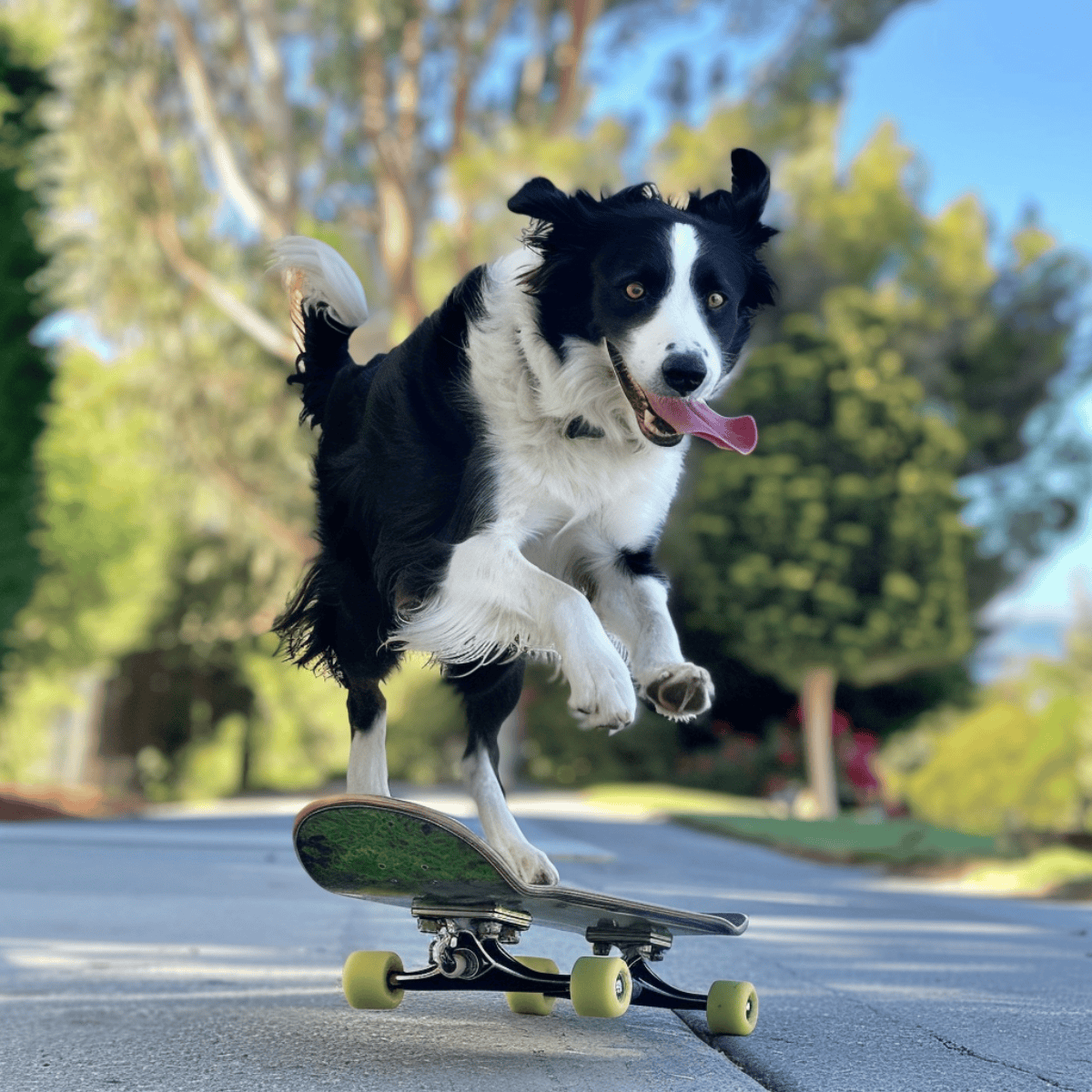 Dog on skateboard outdoors enjoying sunny day.