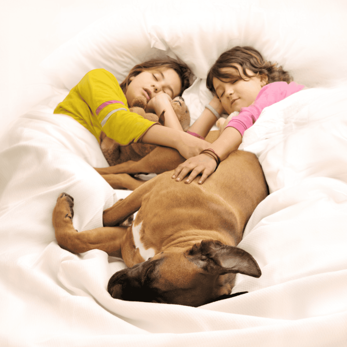 Cute kids cuddling with a large dog while sleeping peacefully.