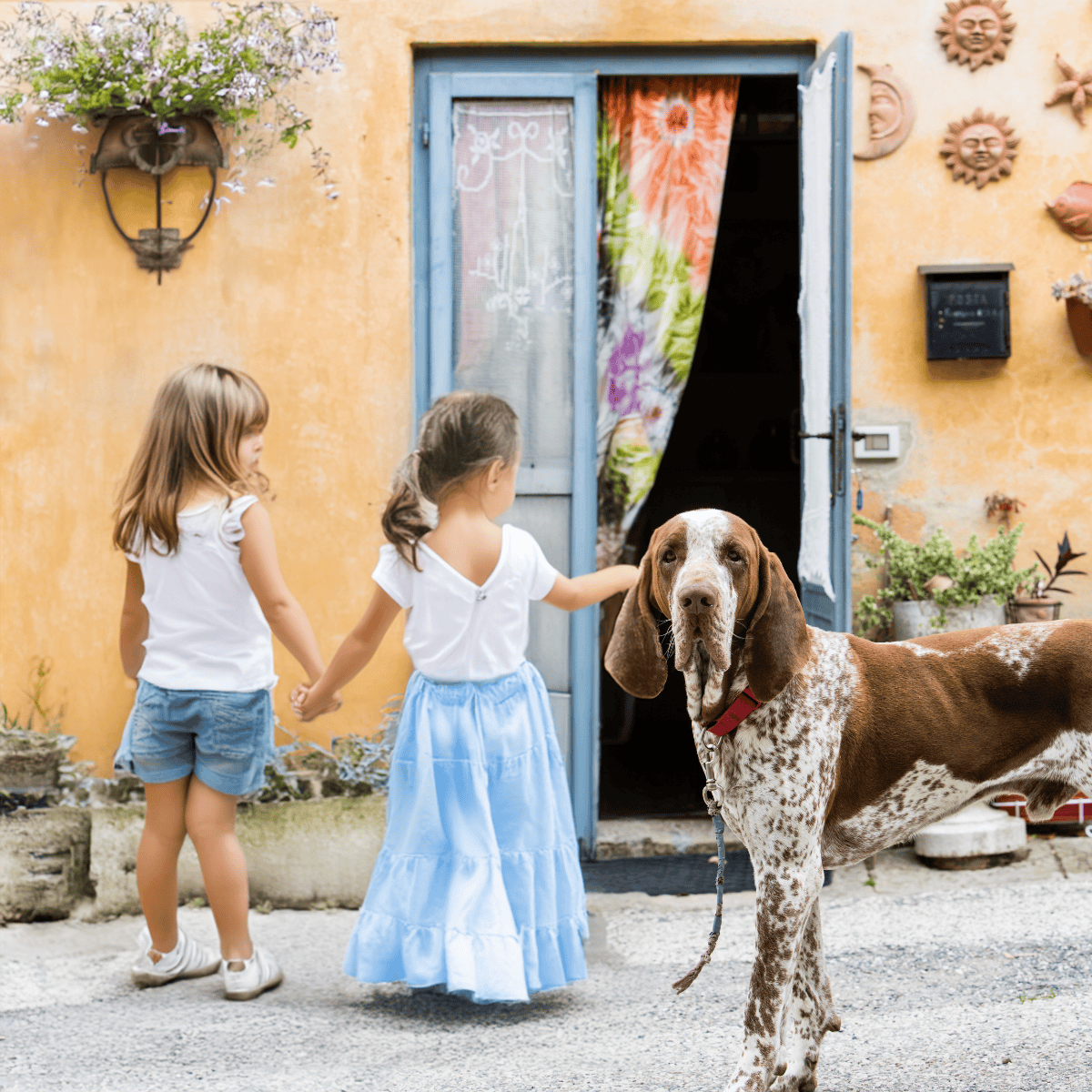 Adorable children and a dog enjoying outdoor training session in a charming Italian courtyard.