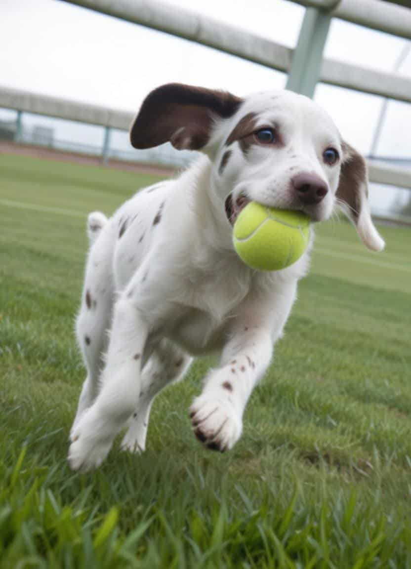 Adorable white and brown puppy running on grass with a tennis ball in its mouth. Perfect for dog care and playtime.