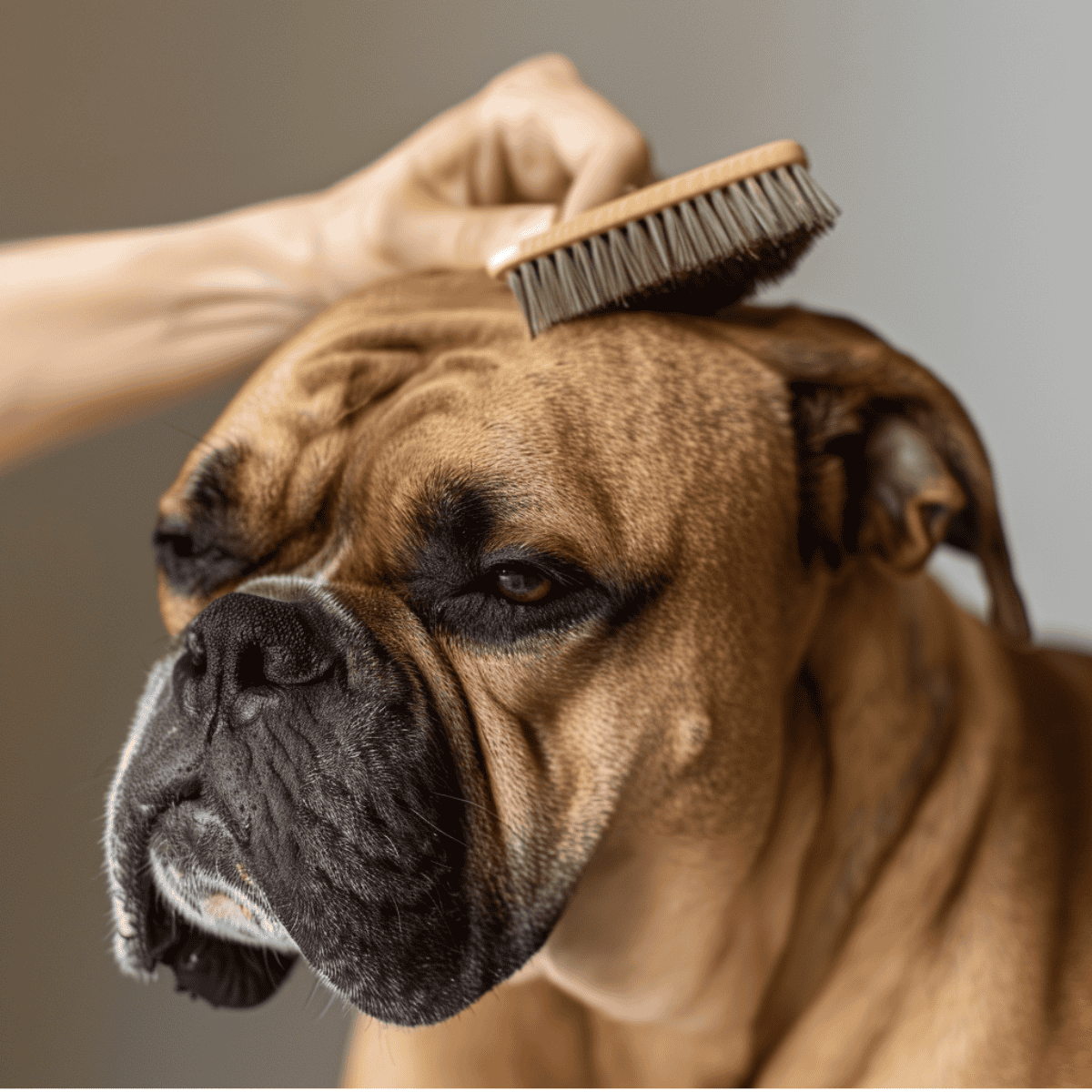 Close-up of a dog getting groomed with a brush, emphasizing pet grooming and care.