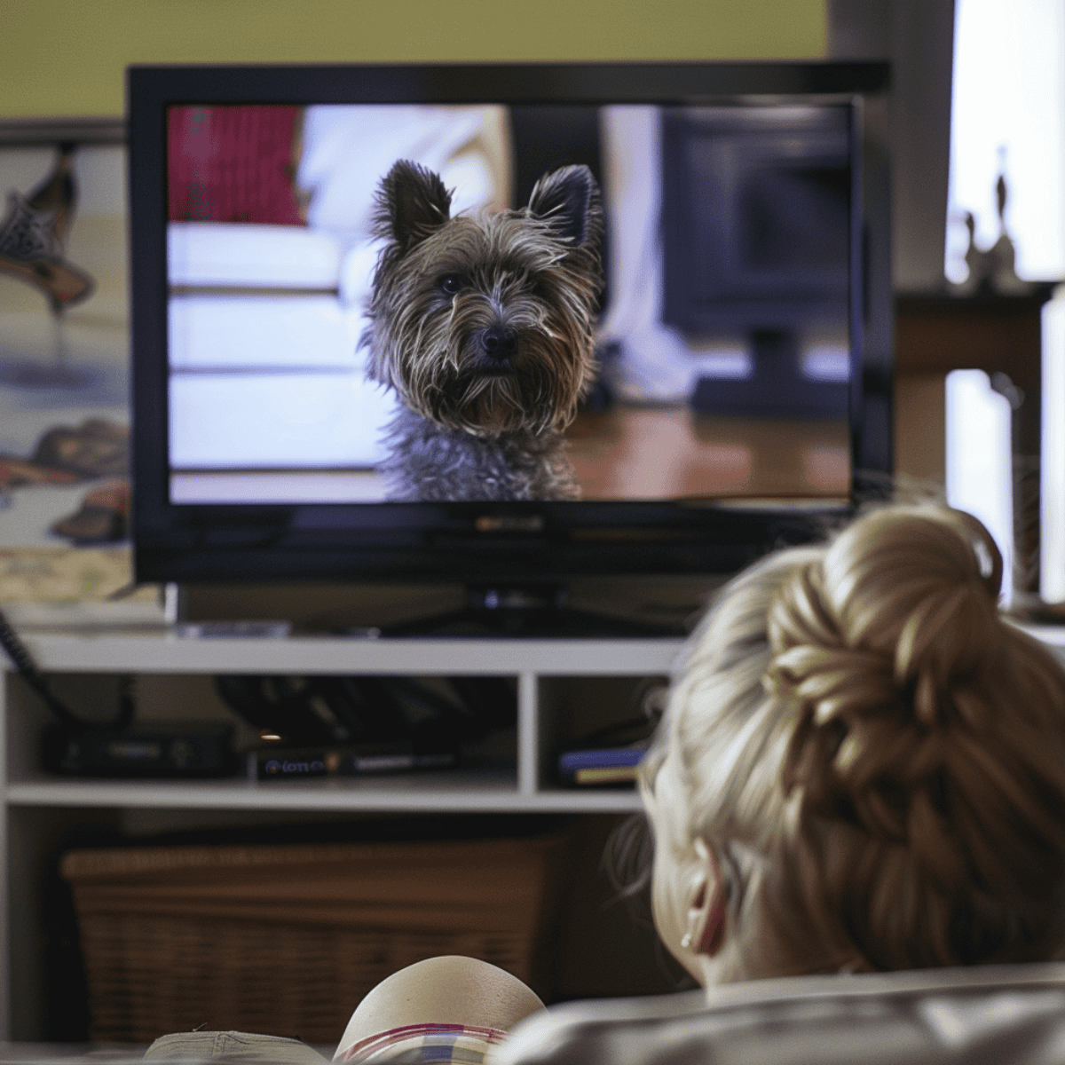 Dog video call on TV with owner, remote communication, pet tech, dog care, virtual pet interaction.
