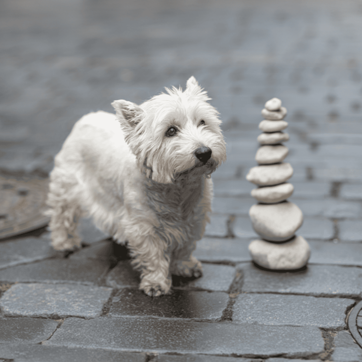 Cute West Highland White Terrier puppy playing with stacked stones by water.