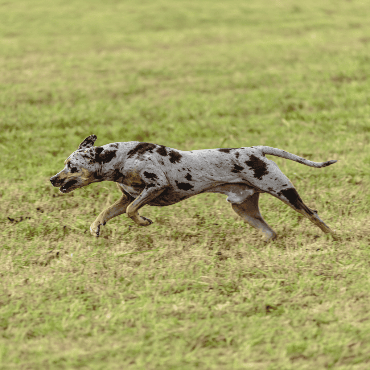 Running Dalmatian dog in motion across grassy field.