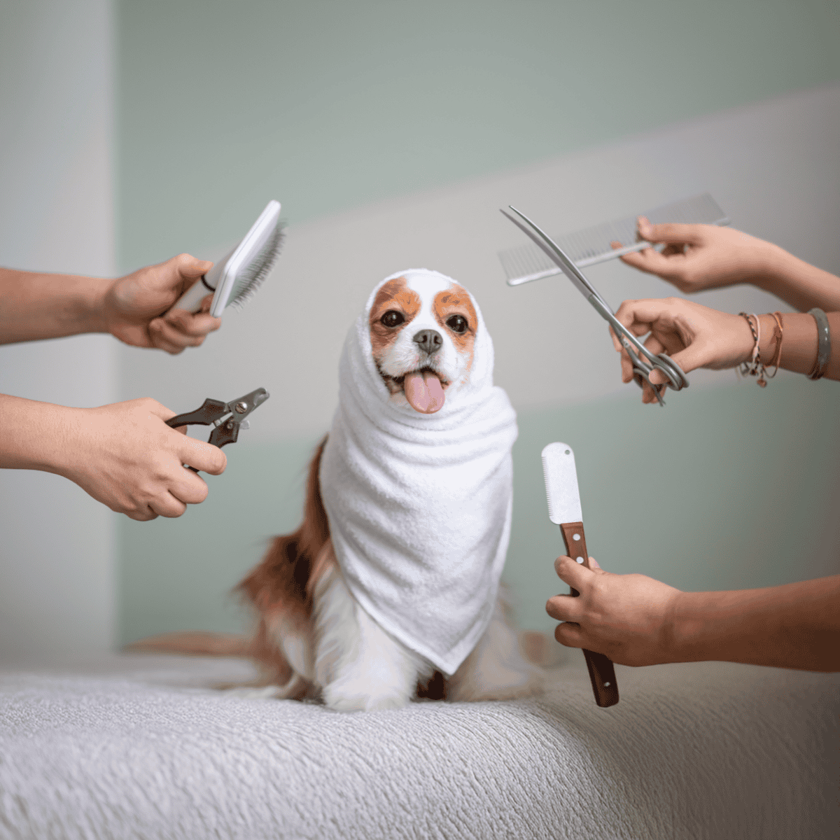 Doggy grooming, grooming tools, pet haircut, dog bath, professional pet grooming.