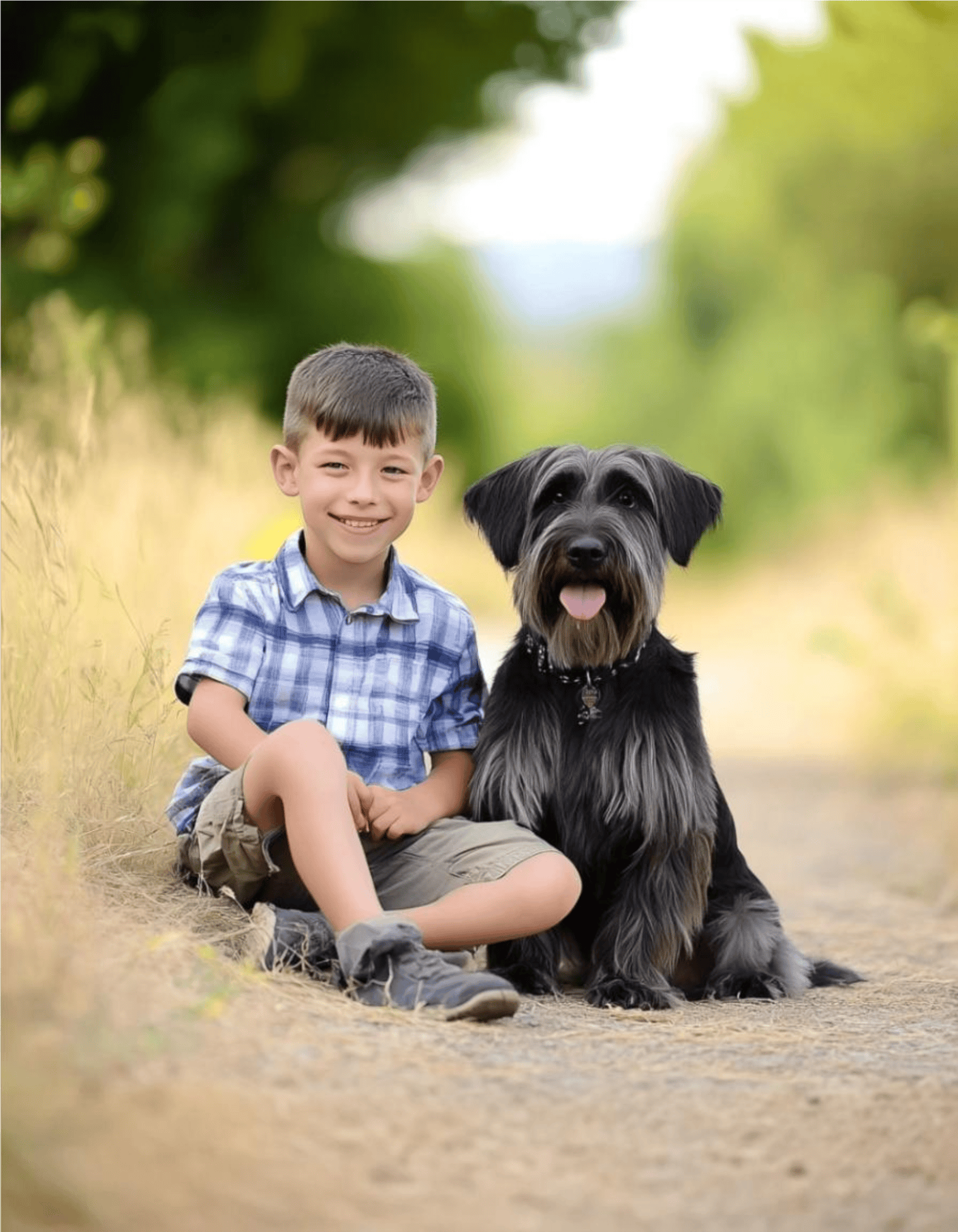 Happy boy with his dog in nature setting.