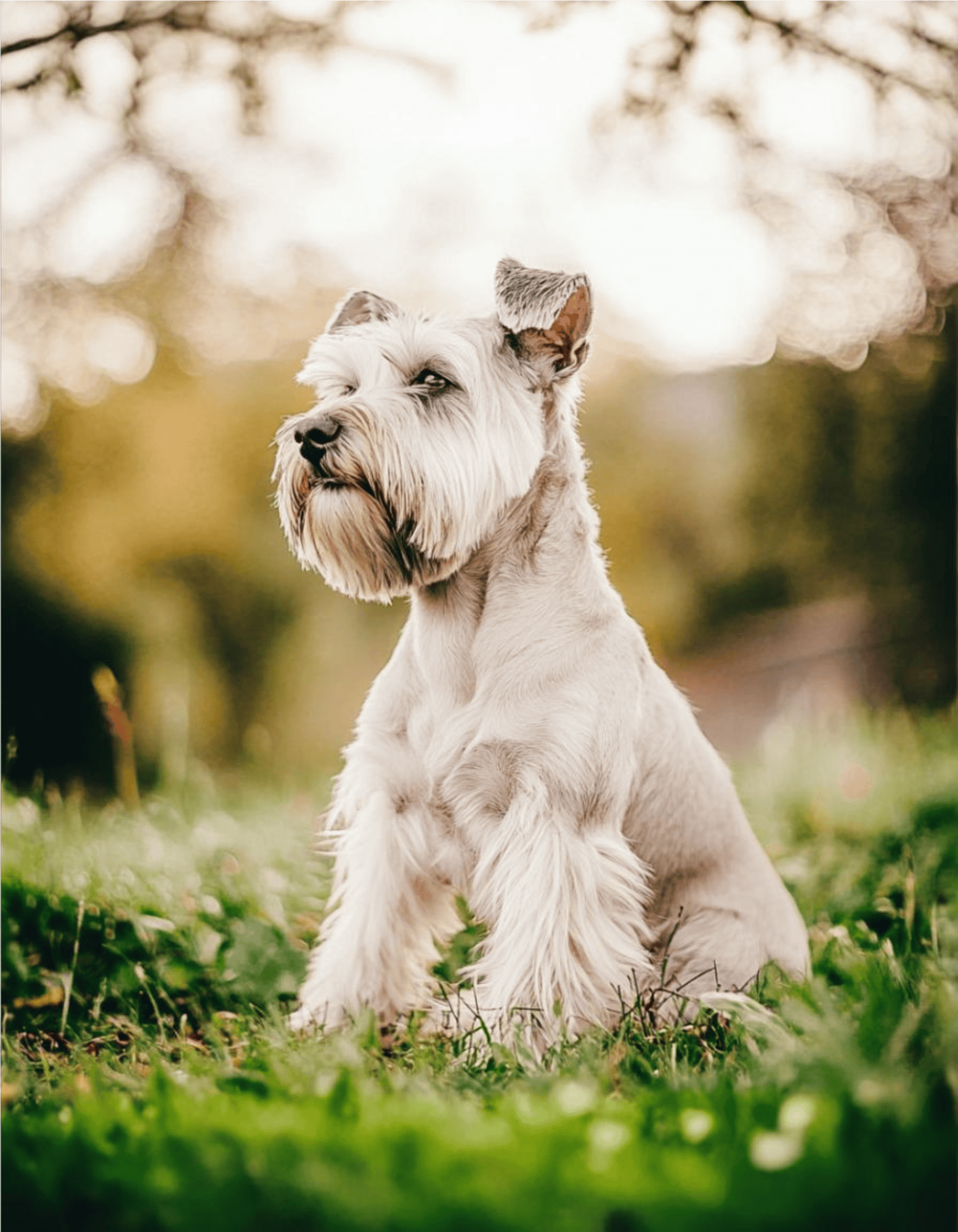Cute dog sitting outdoors in a park, showcasing pet care and dog grooming.