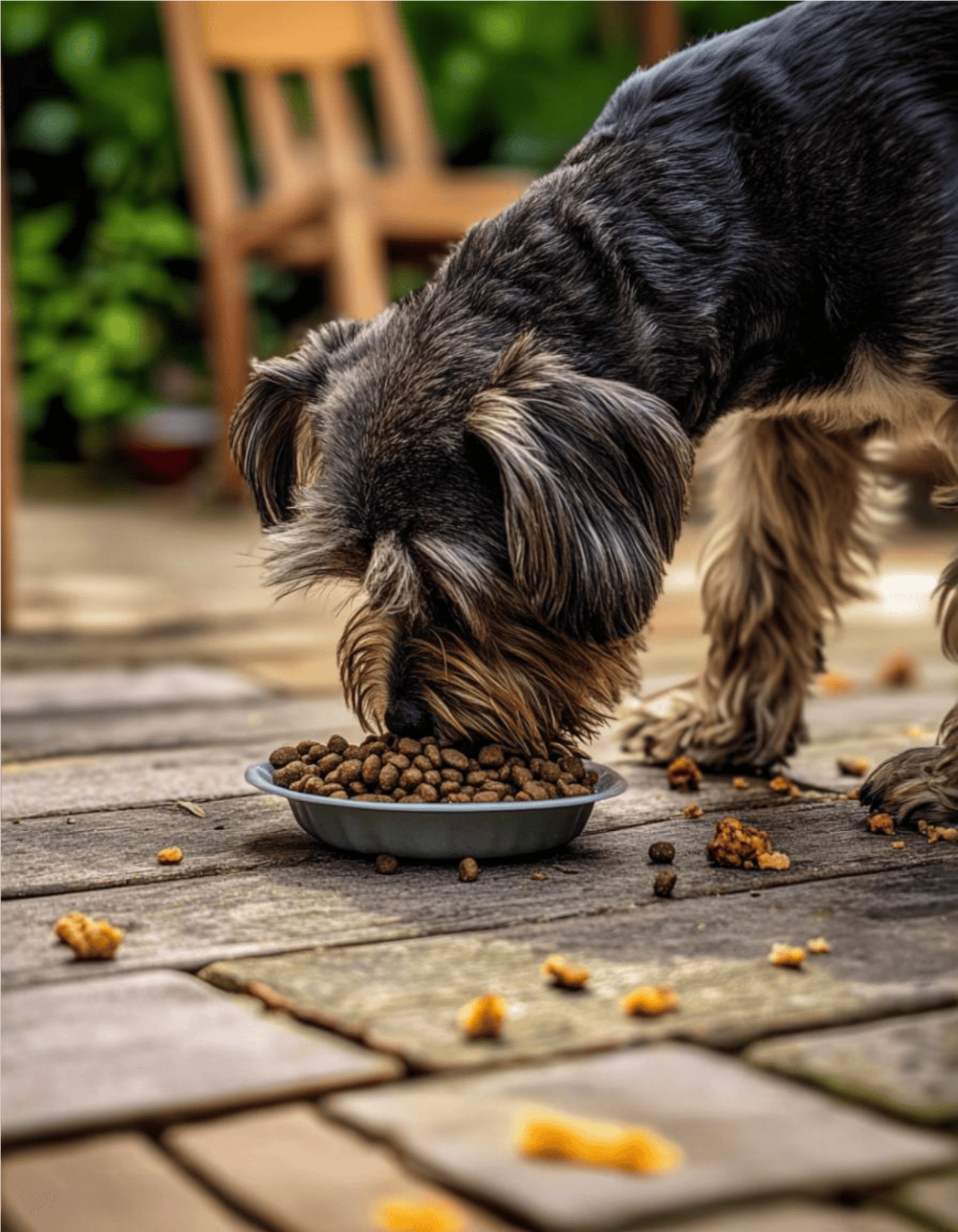 Adorable dog consuming dry kibble on wooden deck in garden setting.