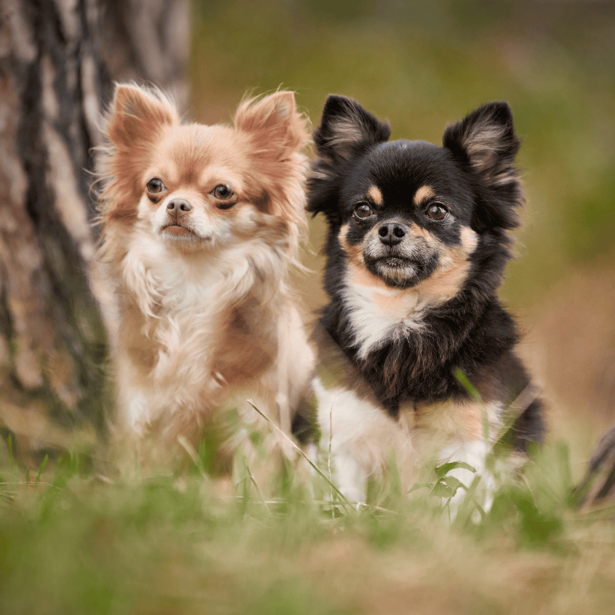 Adorable Chihuahua puppies standing on grass outdoors, perfect for dog lovers.