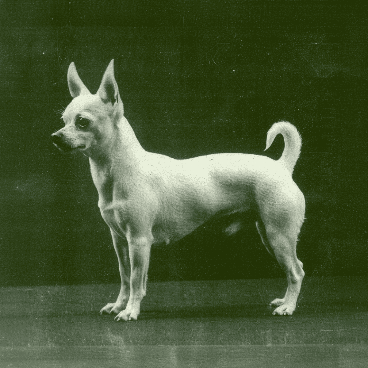 Dog standing confidently with ears up and tail curled, on dark background.