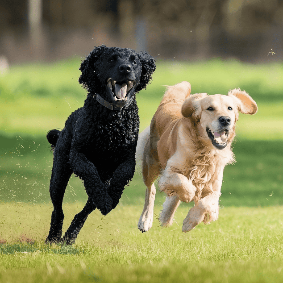 Two happy dogs running energetically in a grassy field, showcasing fun and exercise for dogs.