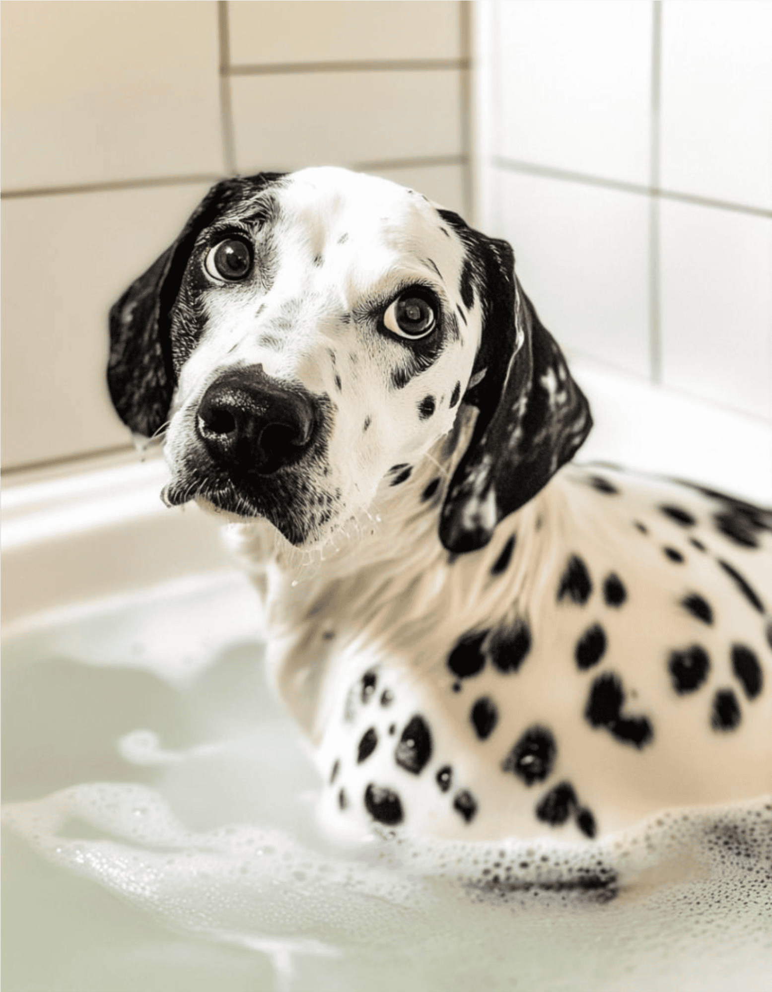 Adorable Dalmatian dog taking a bath, with soap bubbles on coat and curious eyes.
