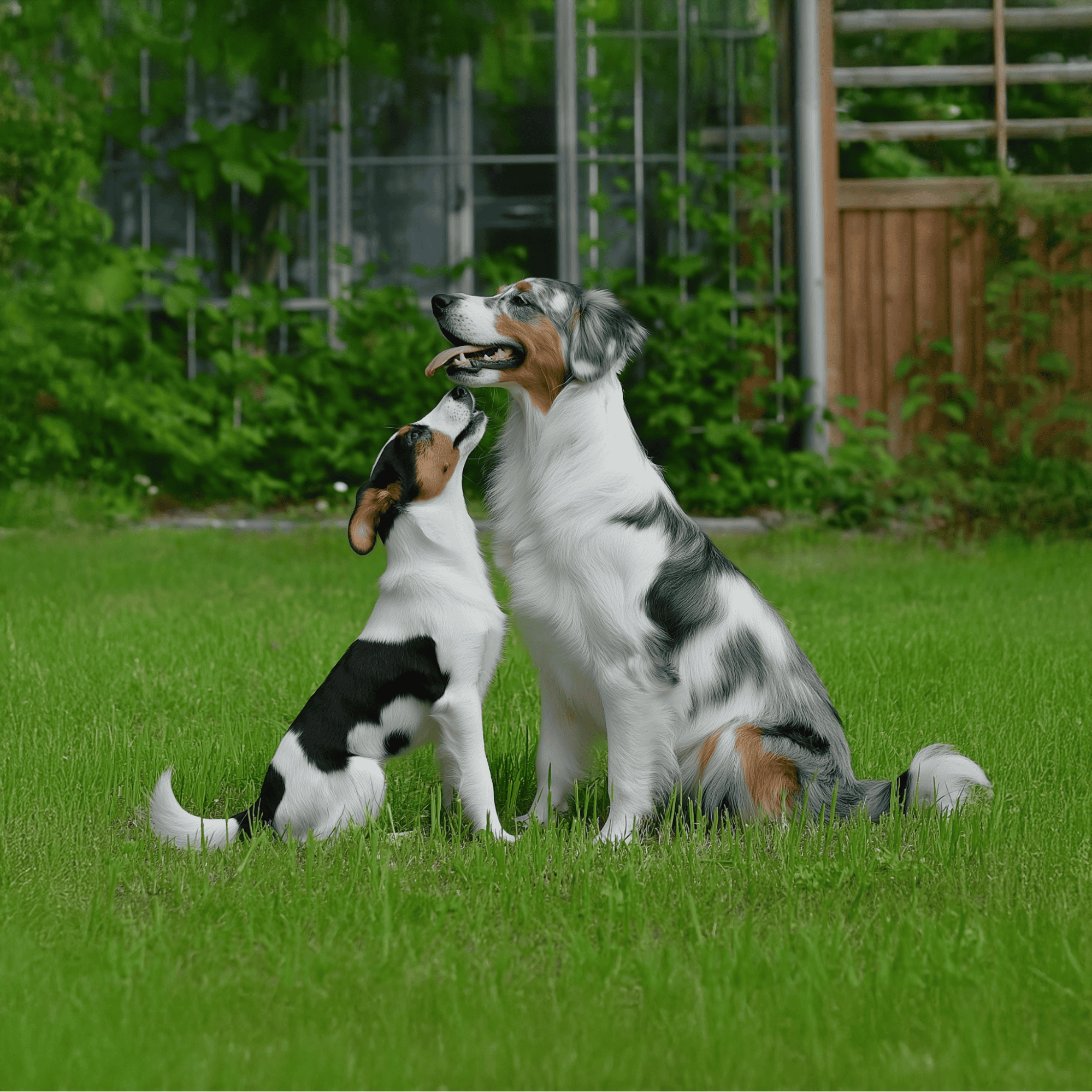 Playful Australian Shepherd and Beagle puppies on green lawn, happy dogs, canine bonding.