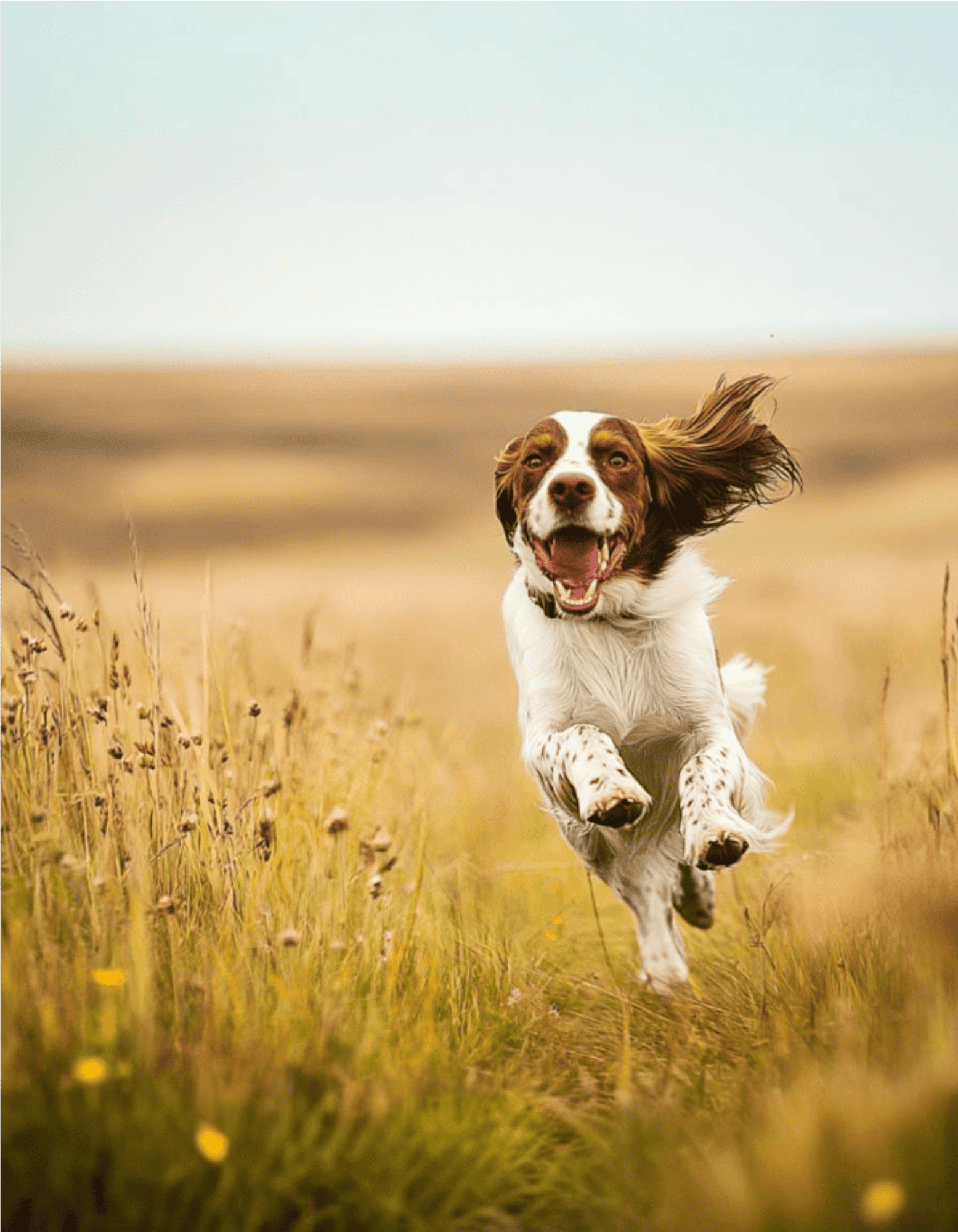 Dog running joyfully through a grassy field in a natural outdoor setting.