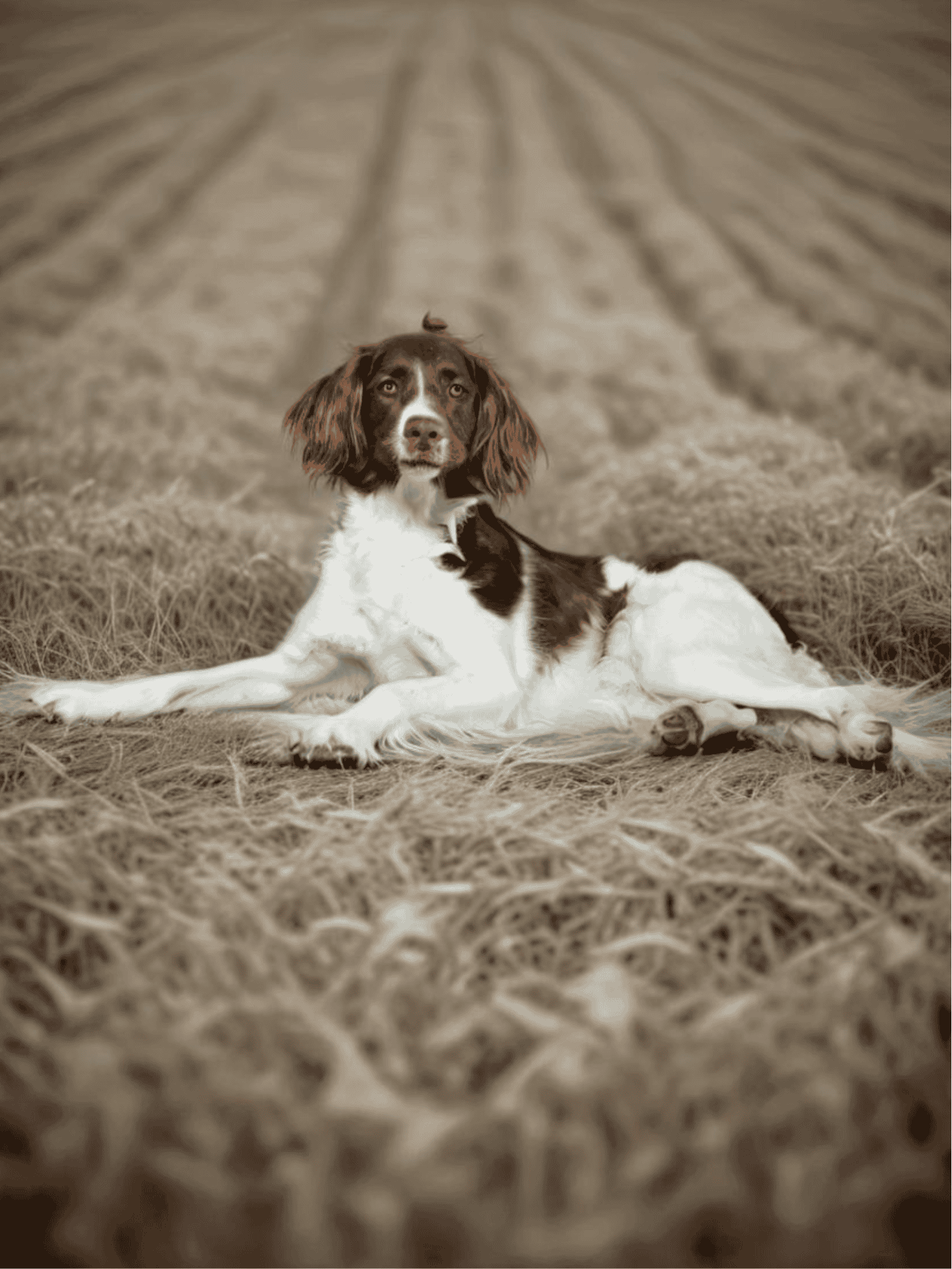 Adorable dog resting on hay in a rural outdoor setting, perfect for dog lovers.