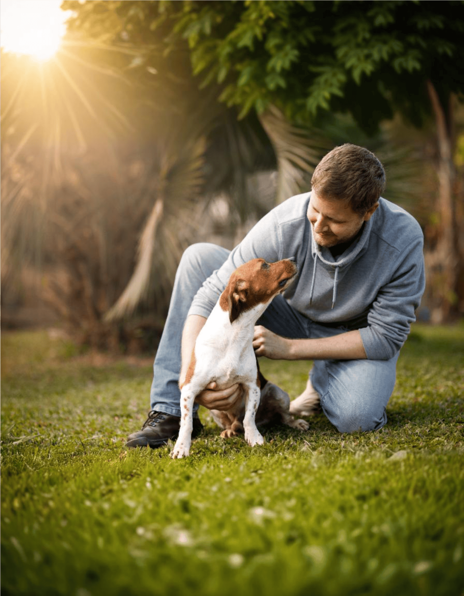 Friendly dog and owner bonding in a park during golden hour.