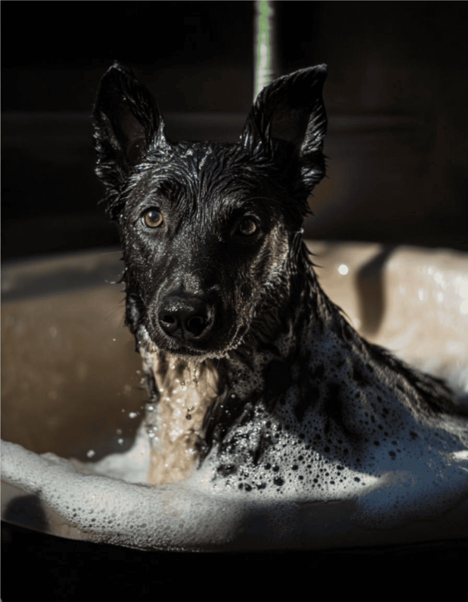 Cute black and tan dog splashing in a shallow pool.