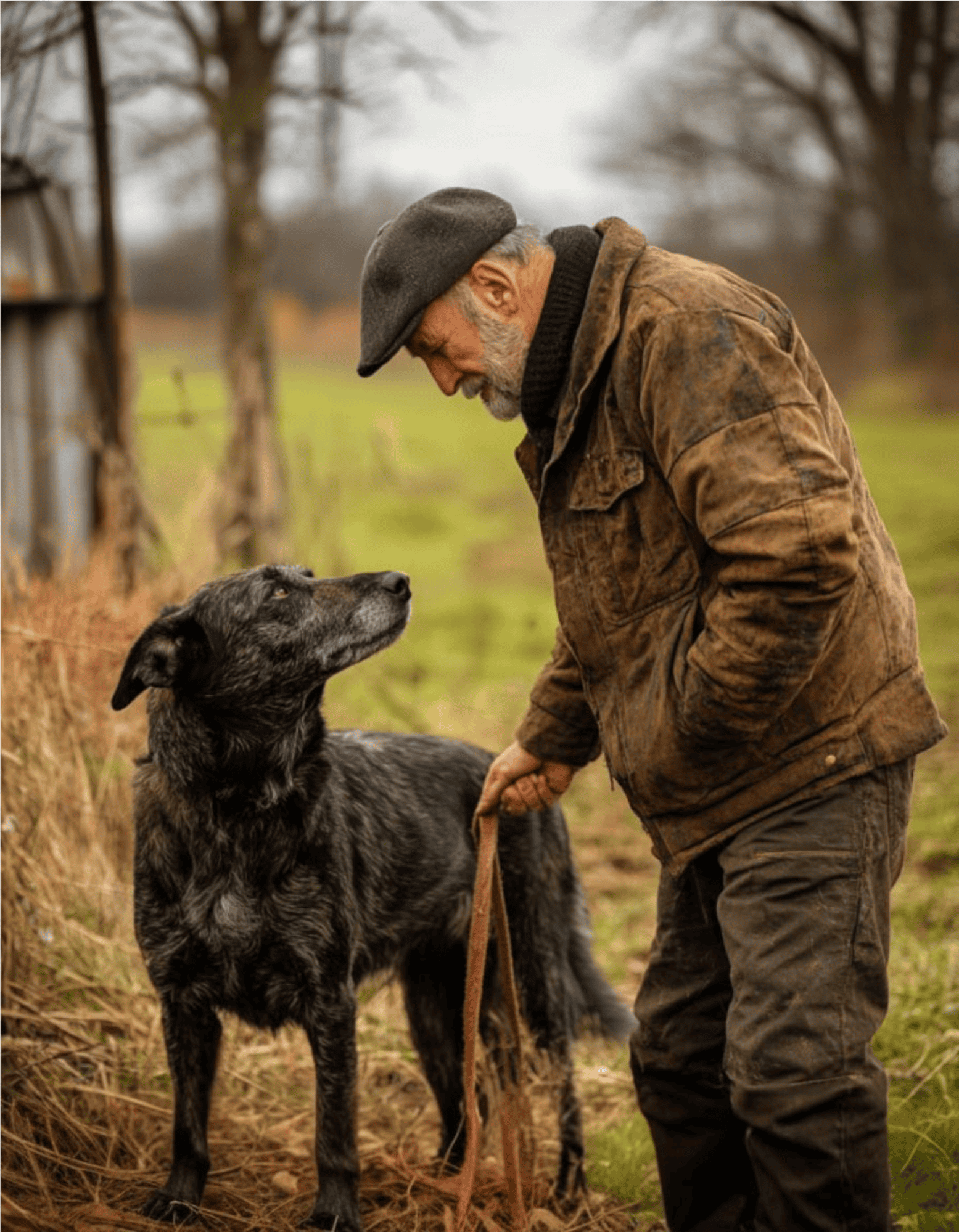 Loyal dog and owner in peaceful outdoor countryside landscape.