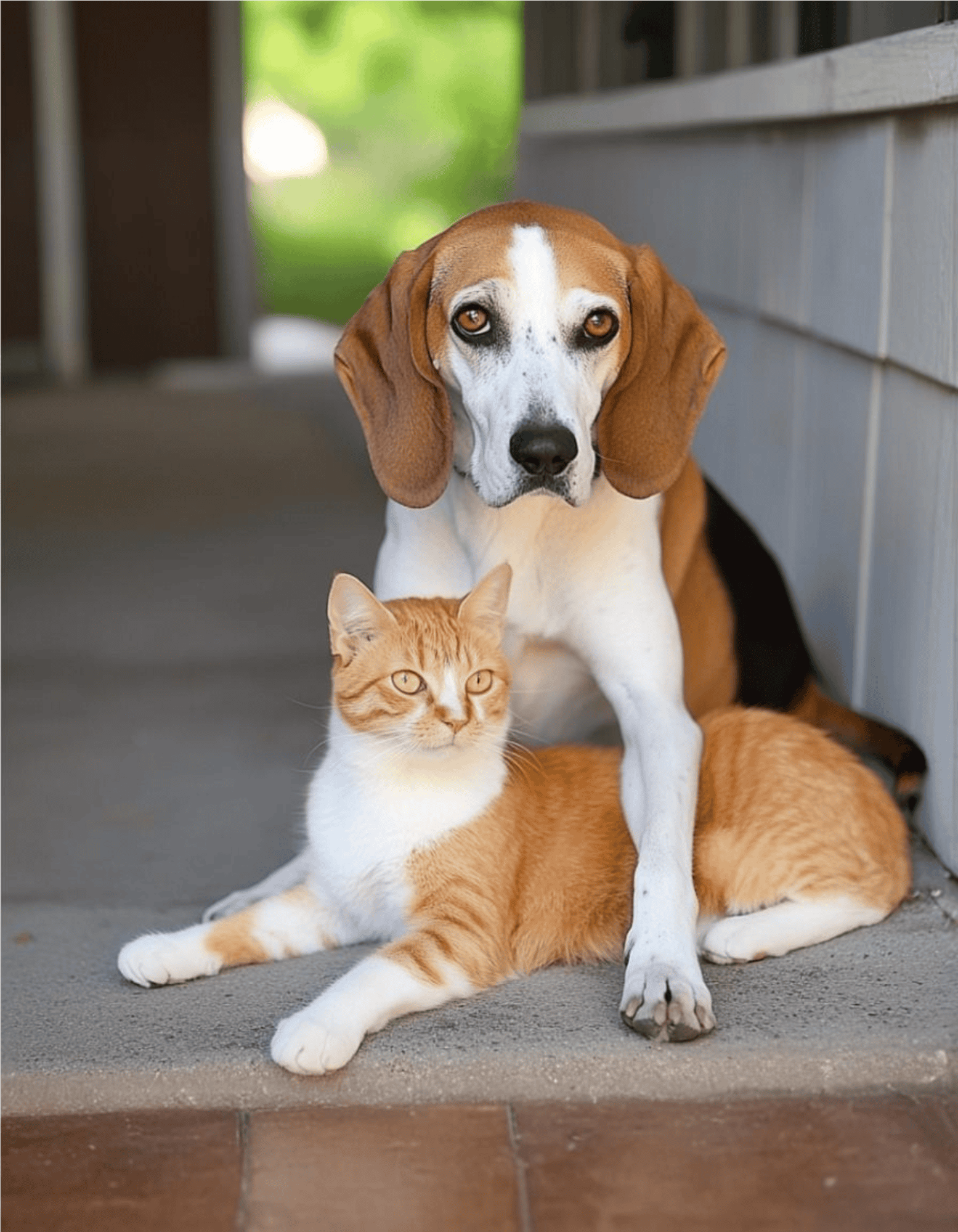 Friendly dog and cat resting together outdoors.