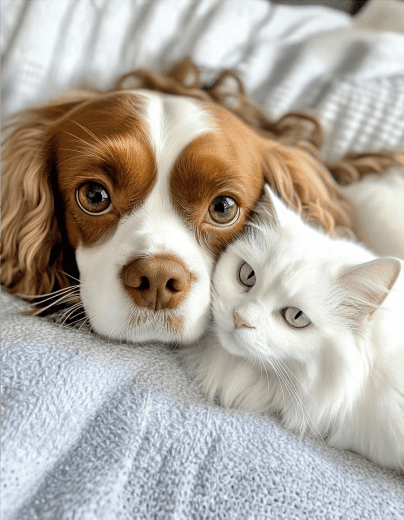 Cuddling dog and cat, cozy blanket, friendly pets, adorable animals, dog and cat friendship, pet companionship.
