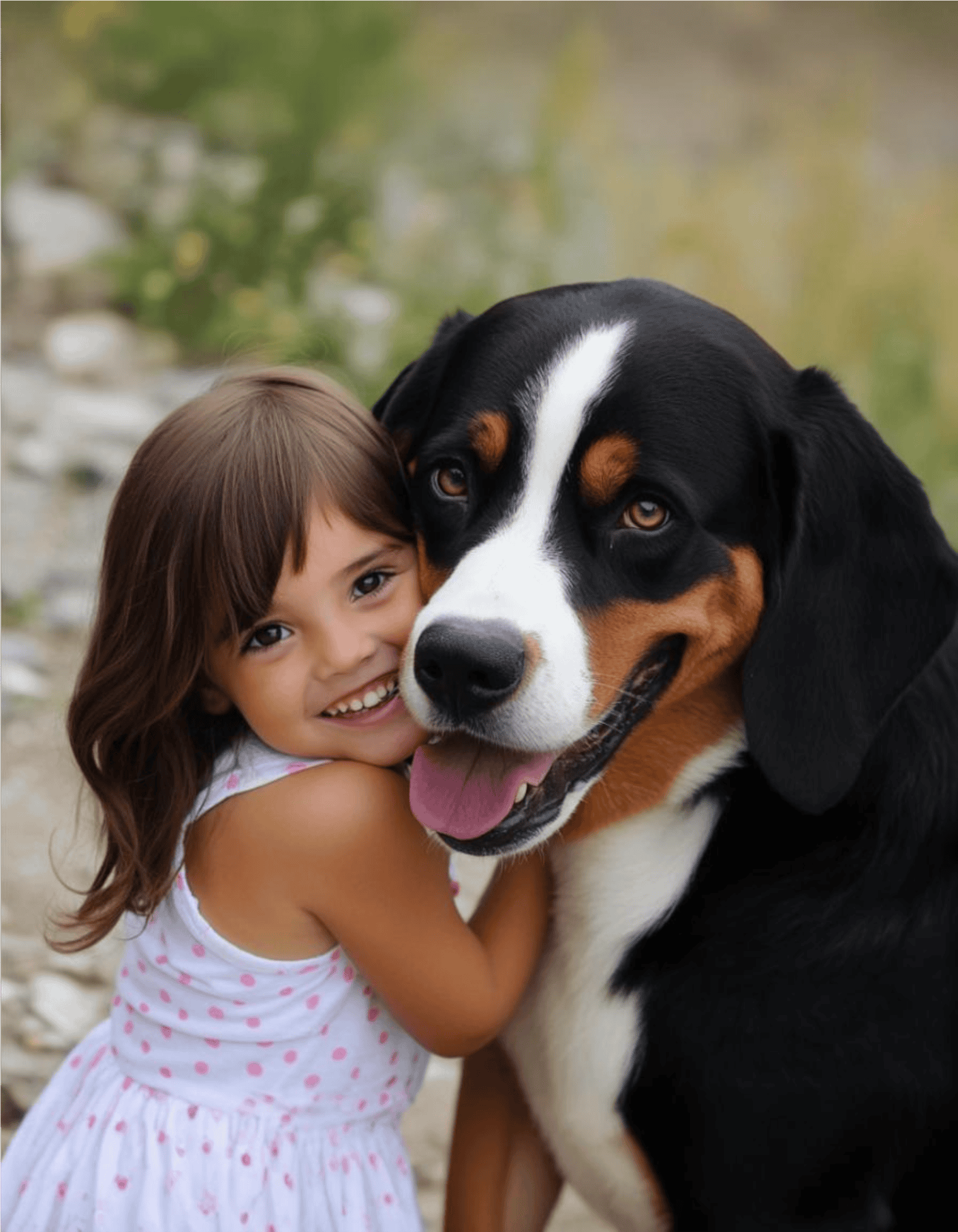 Adorable girl hugging friendly Bernese Mountain Dog outdoors.