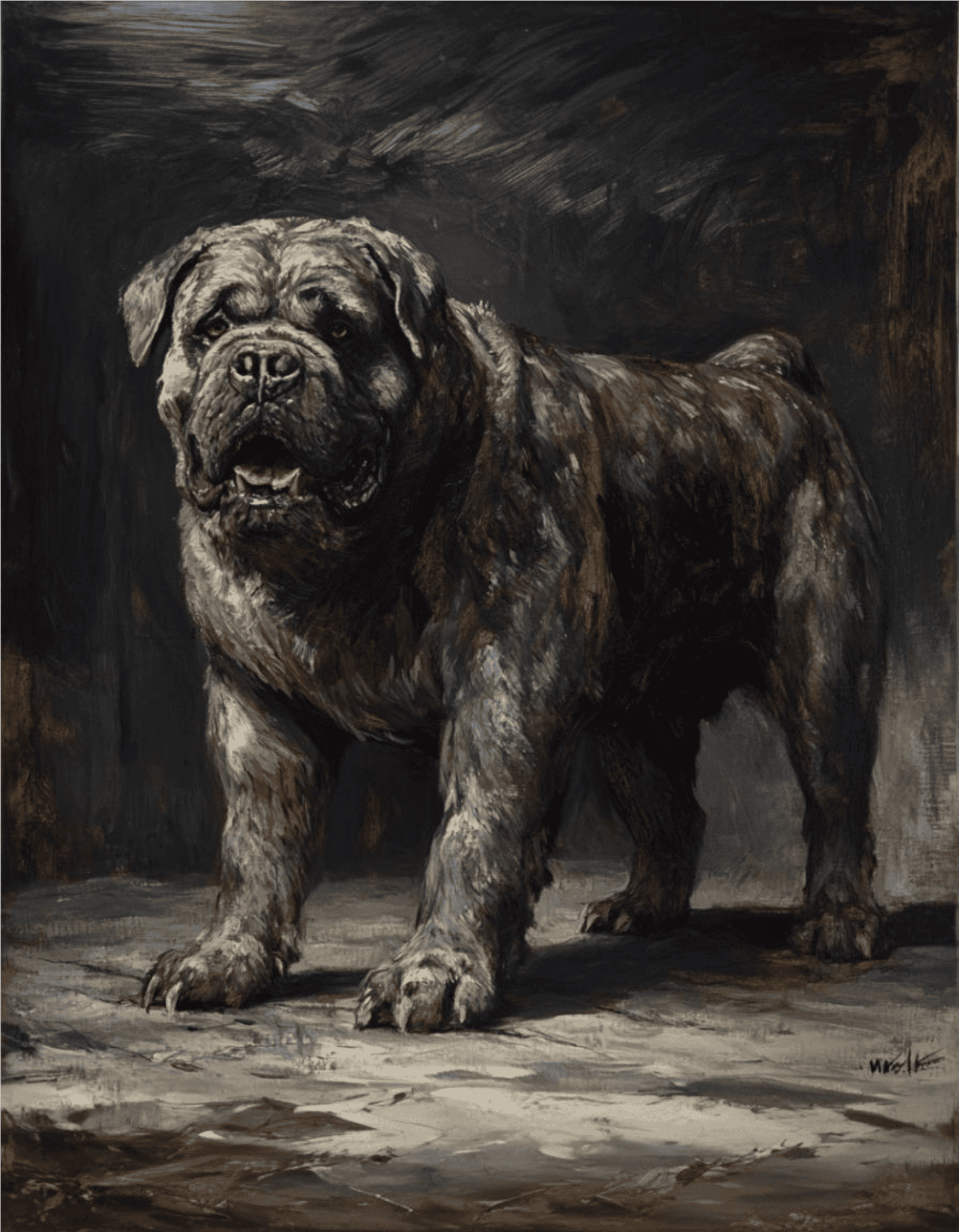 Detailed painting of a large, powerful bulldog with a dark background.