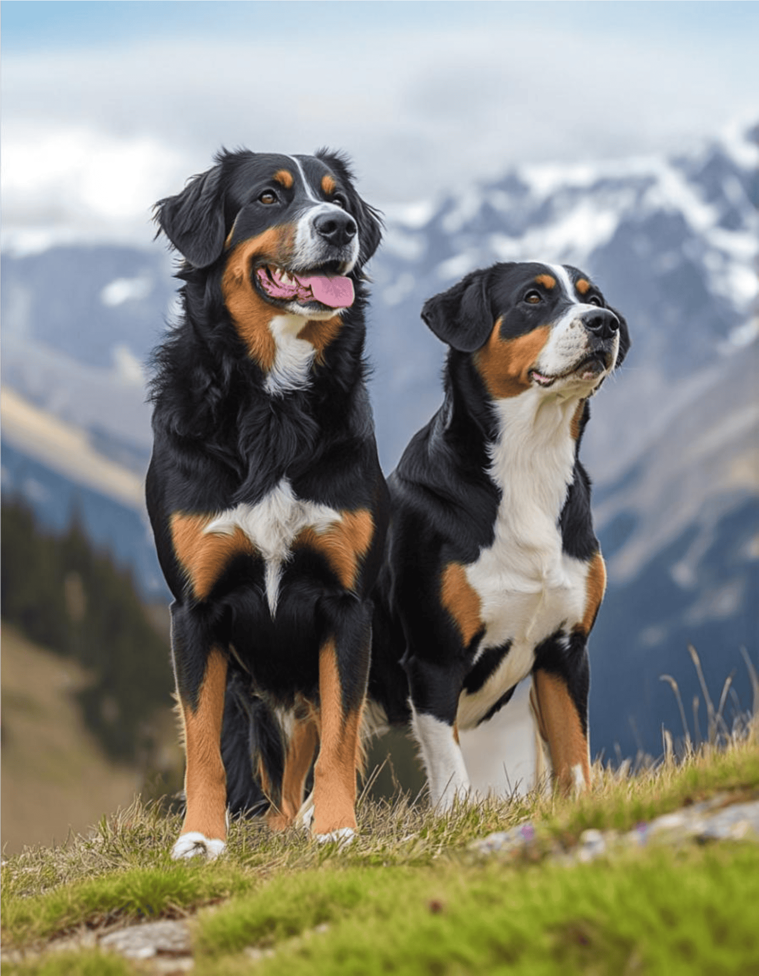 Adorable Bernese Mountain Dogs posing in scenic mountain setting for pet lovers.
