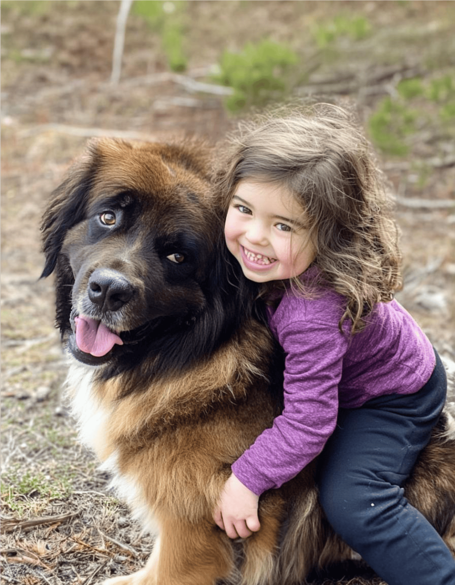 Adorable girl hugging a happy, fluffy dog in a natural outdoor setting. Perfect for pet and family photo content.
