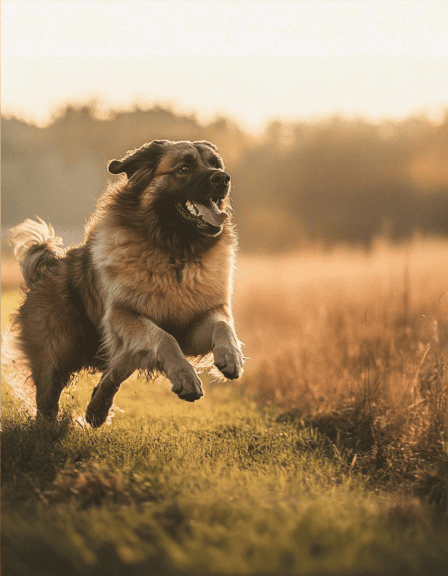 Large happy dog playing outside at sunset in a field, enjoying outdoor exercise and joyful moments.