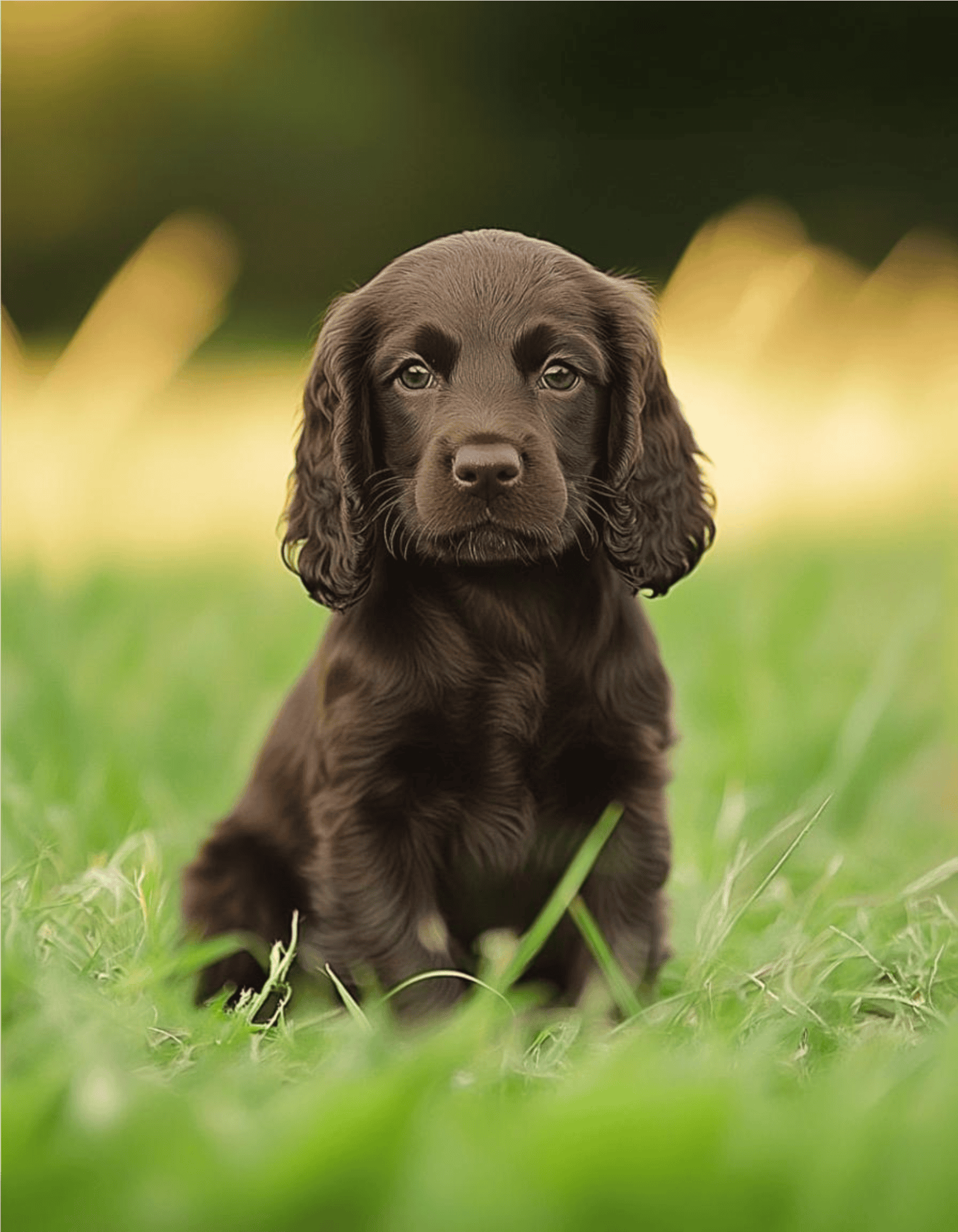 Cute chocolate Labrador puppy in green field.