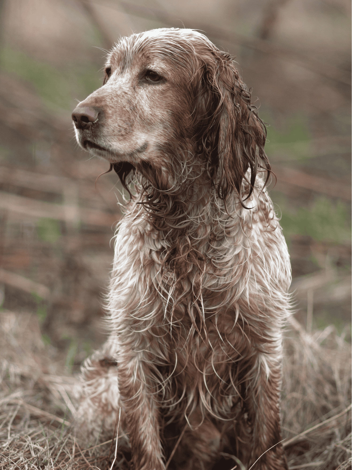 A wet, outdoorsy dog sits calmly in a natural environment, showcasing its waterproof coat and love for outdoor water activities.
